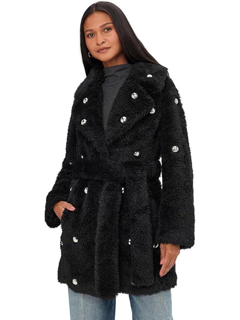 Black Avec Les Filles Embellished Faux Fur Belted Coat