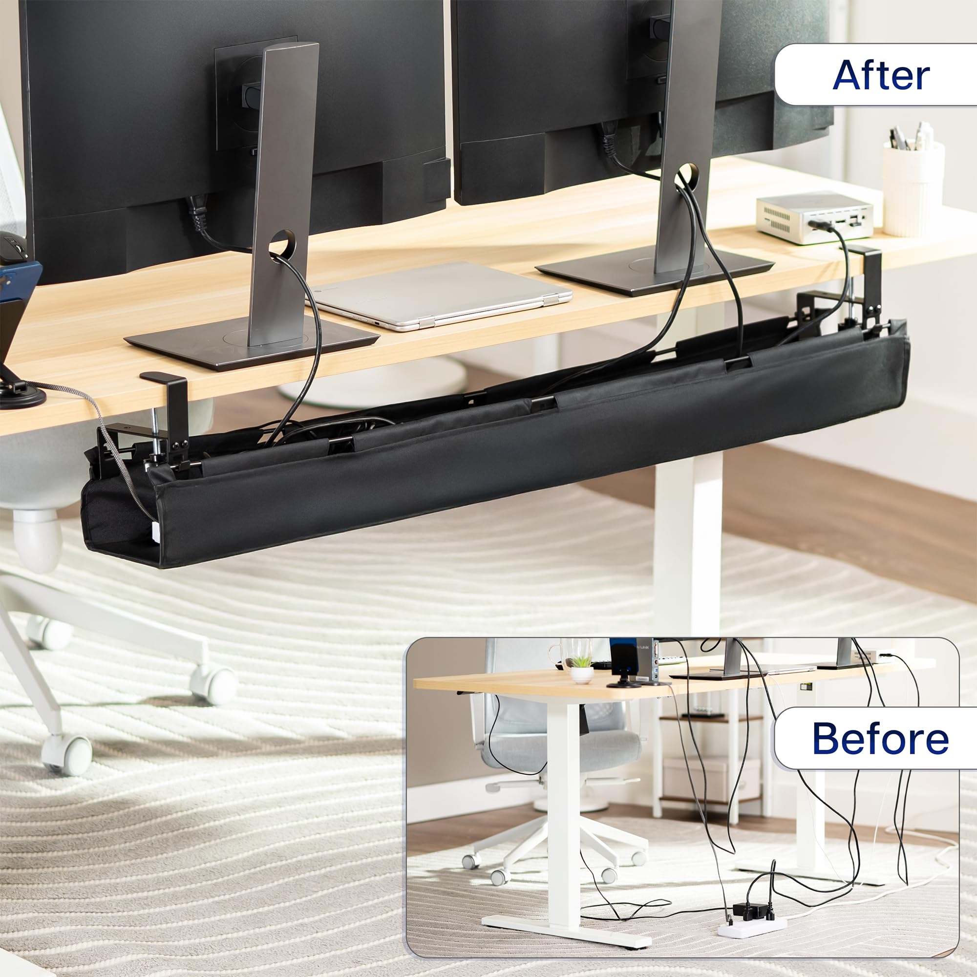 VIVO Bandeja de gestión de cables de tela de 47 pulgadas, corrector de cables, almacenamiento de regletas de alimentación, organización del espacio de trabajo, fácil acceso plegable, negro