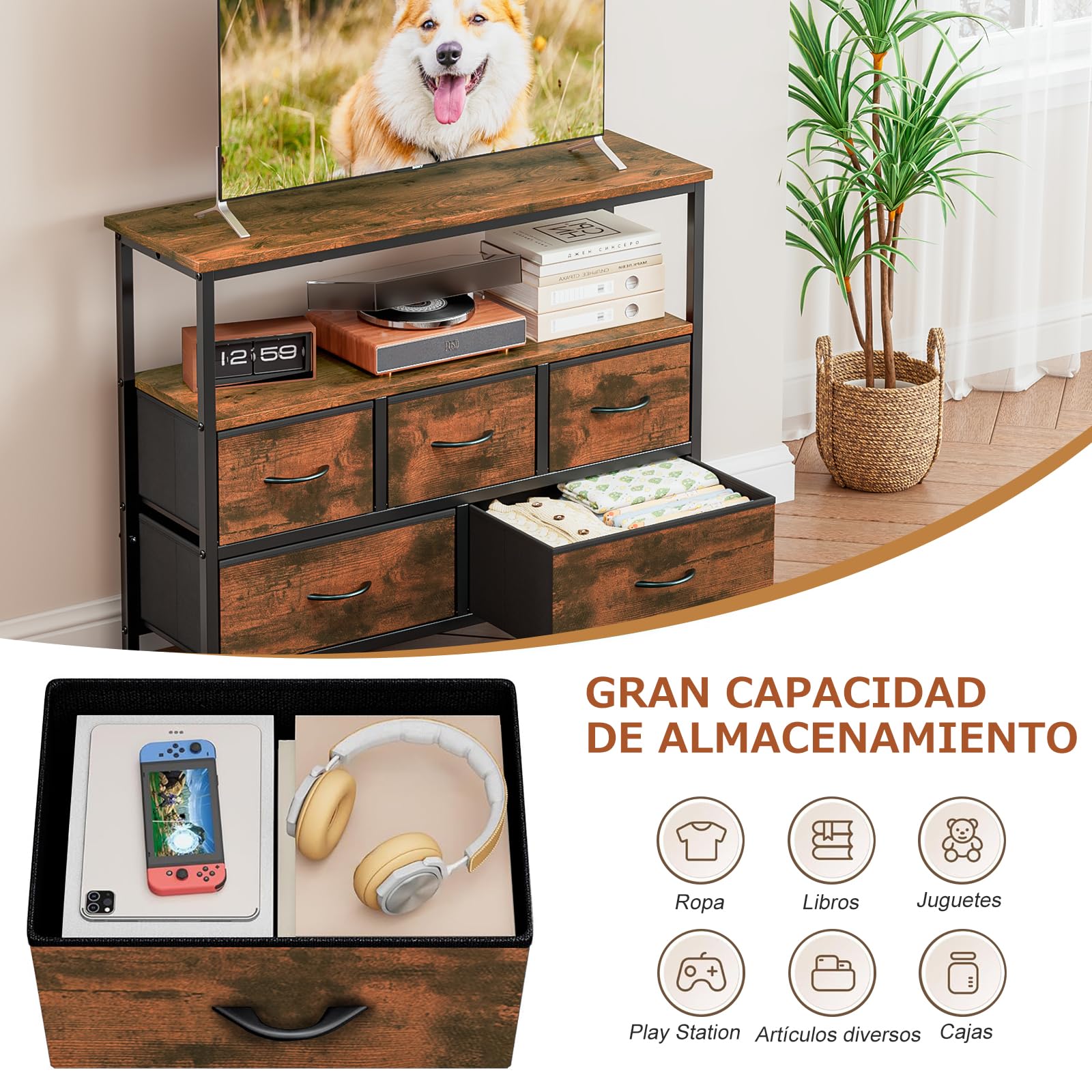 Mueble TV Alto con 5 Cajones, Soporte TV 45",Marrón | Mueble Televisión Compacto para Salón, Dormitorio o Espacios Pequeños con Estantes Abiertos y Almacenamiento