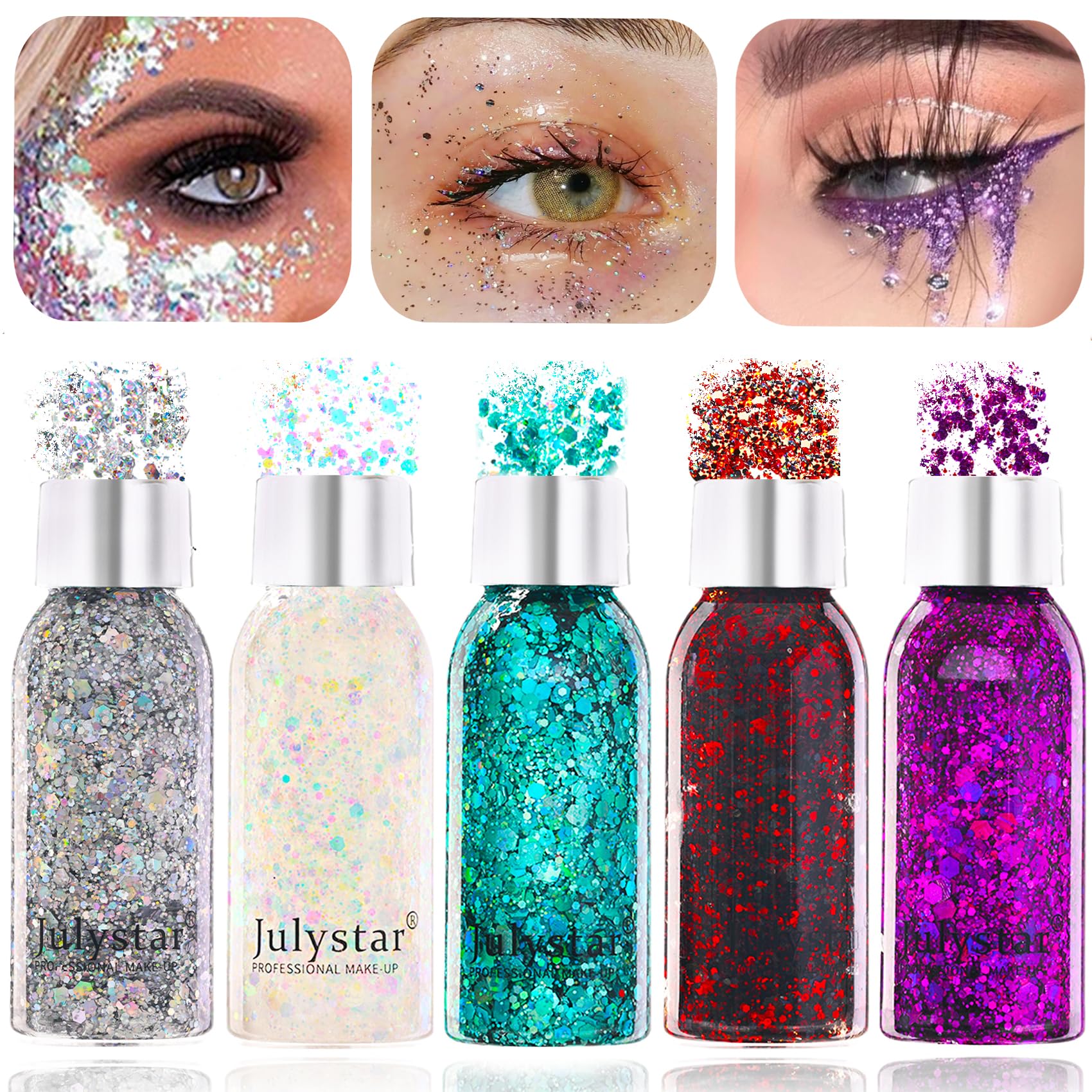 JOYSAL 5 Colores Purpurina cara Festival, Glitter Maquillaje, Purpurina Manualidades Chunky, Sombra de Ojos, Festival Purpurina, Cara Maquillaje Pelo y Manualidades Brillante Decoración