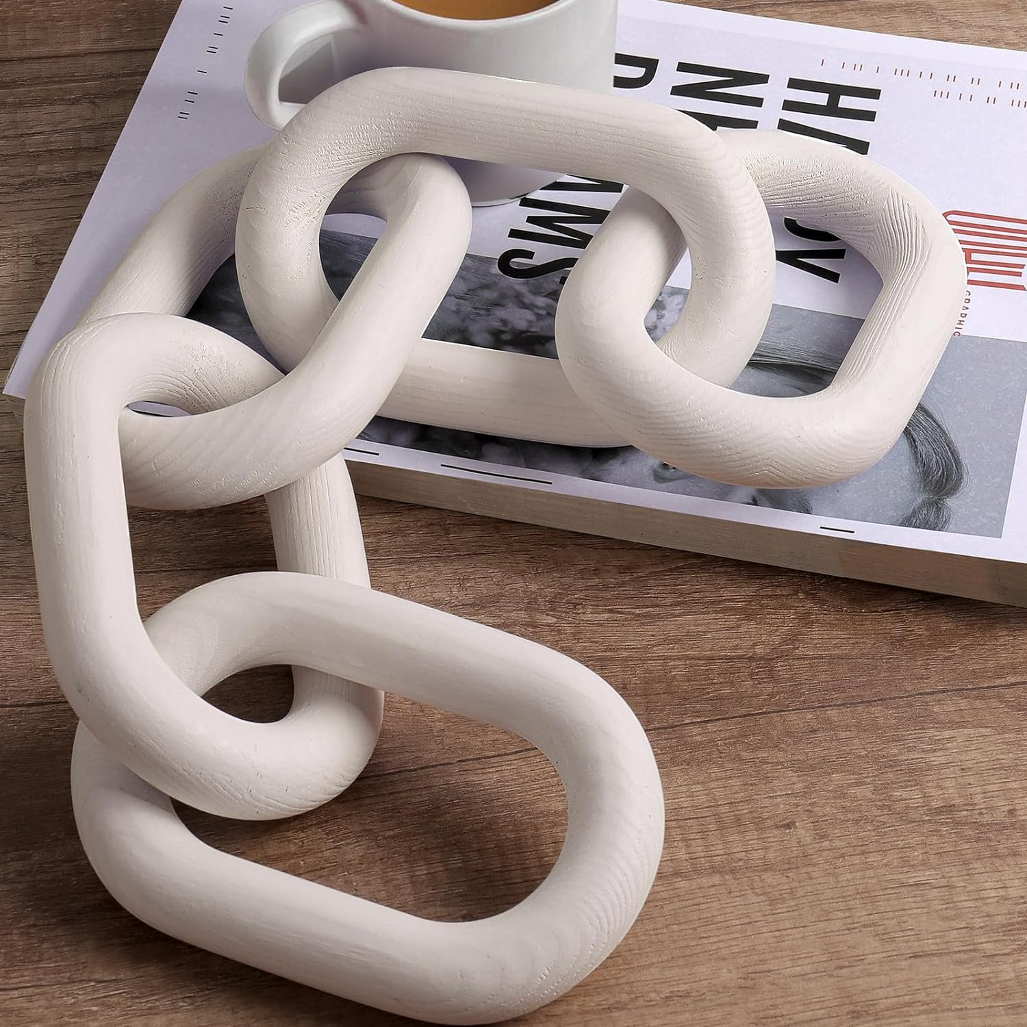 Erweicet White Wood Chain Decor Rustic Coffee Table Decorative Link Hand Carved 5-Link Wood Knot Chain for Modern Home Living Room Book Shelf Decor Accents