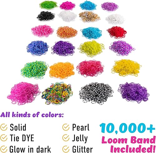 Miniatura 5 de Loopa Kit de bandas de goma, más de 10,000 bandas coloridas para niños, juego de manualidades para hacer pulseras de telar con cuentas y accesorios