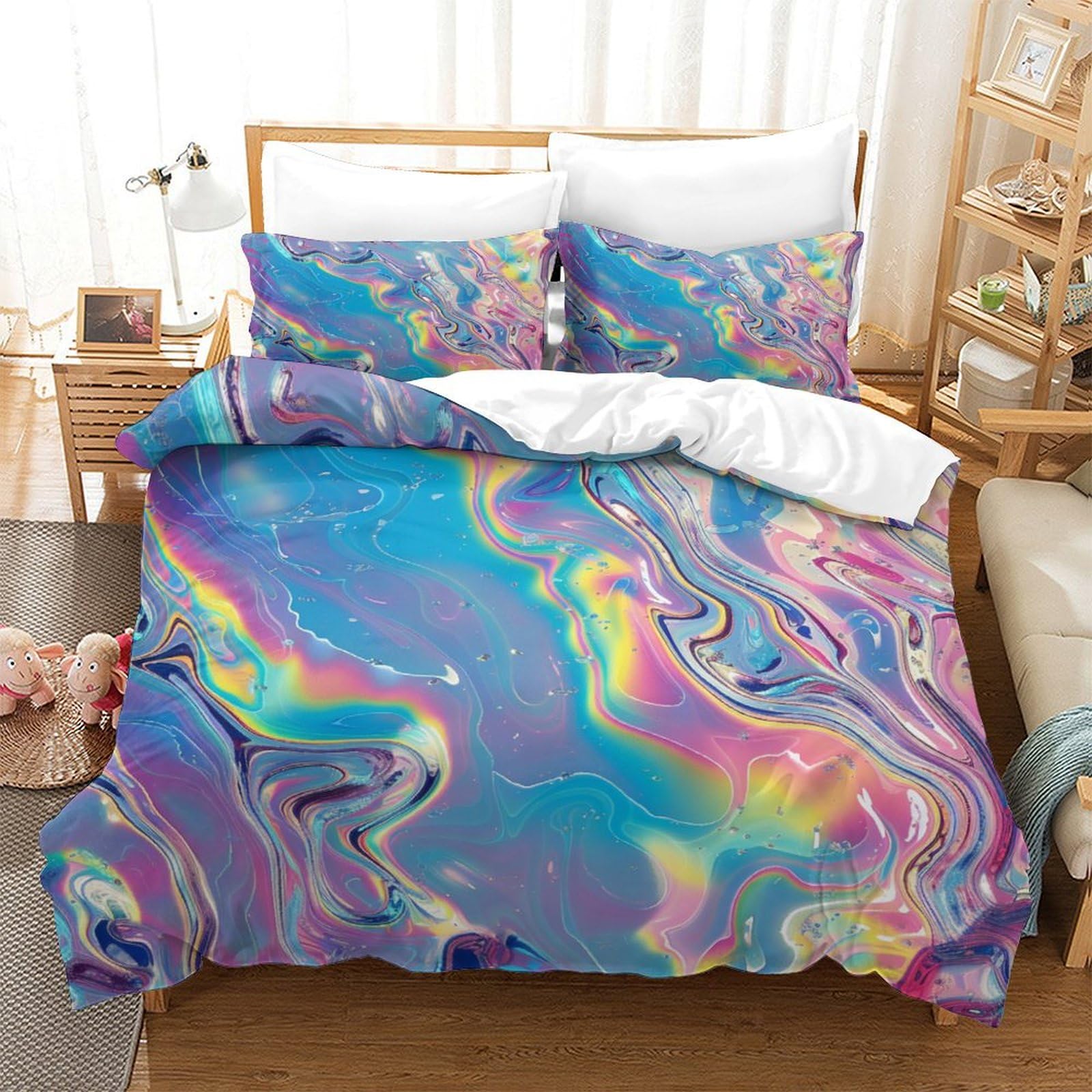 P1S9U7W5Y Iridescent Marble 3D Printed Duvet Cover Set 3pcs Microfiber Pastel Rainbow Bedding Set Super king（260x220cm）