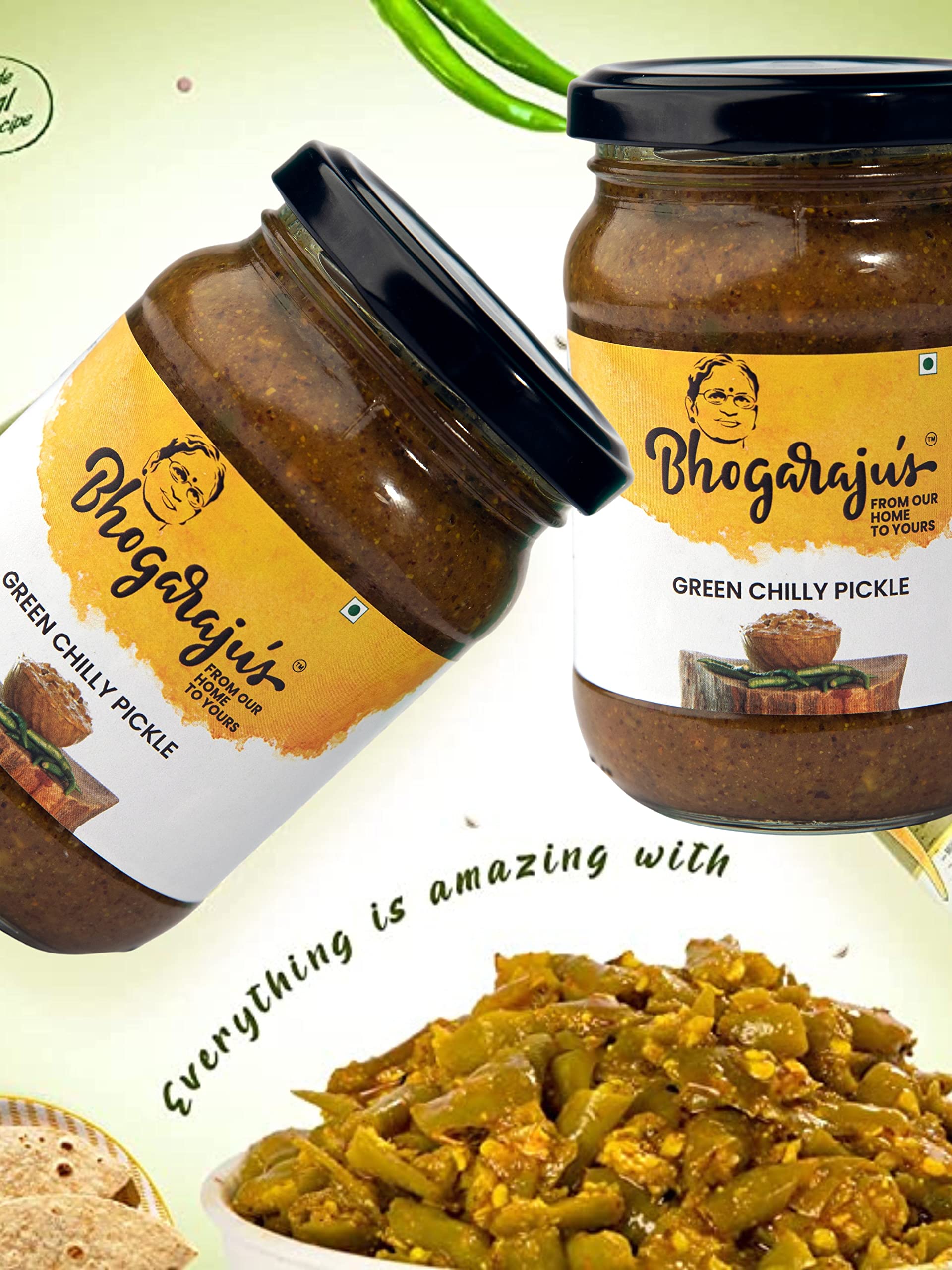 Bhogarajus - Green Chilli Pickle 300g+Mango Pickle 300g+100gm Gift Chutney Podi-Pack of 3 (2 x 300 g +100 g) 1