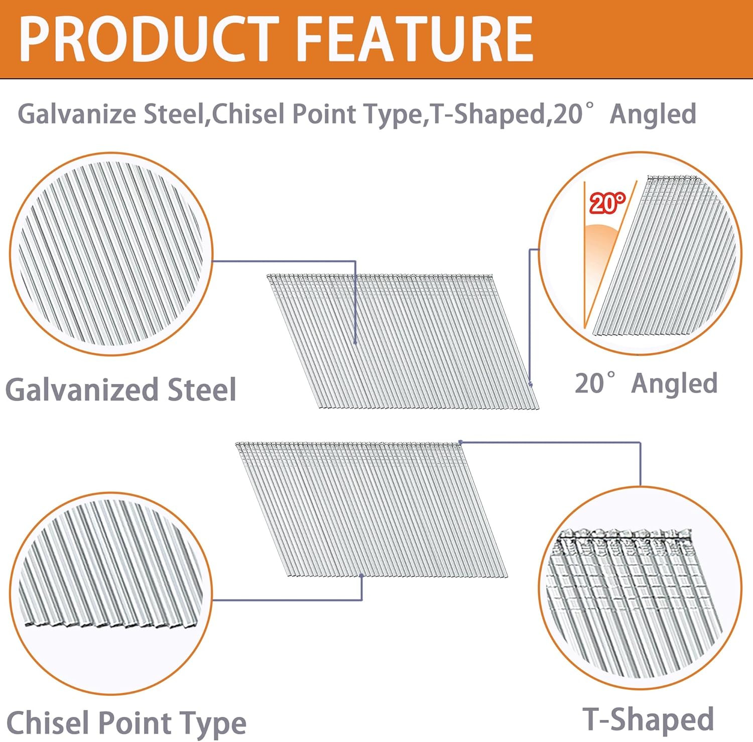 16 Gauge Angled Finish Nails,20-Degree,Galvanized Assorted Size Project Pack,Suitable for 20-22° Pneumatic,Electric Angled Finish Nailer(1-3/4":3000PCS)