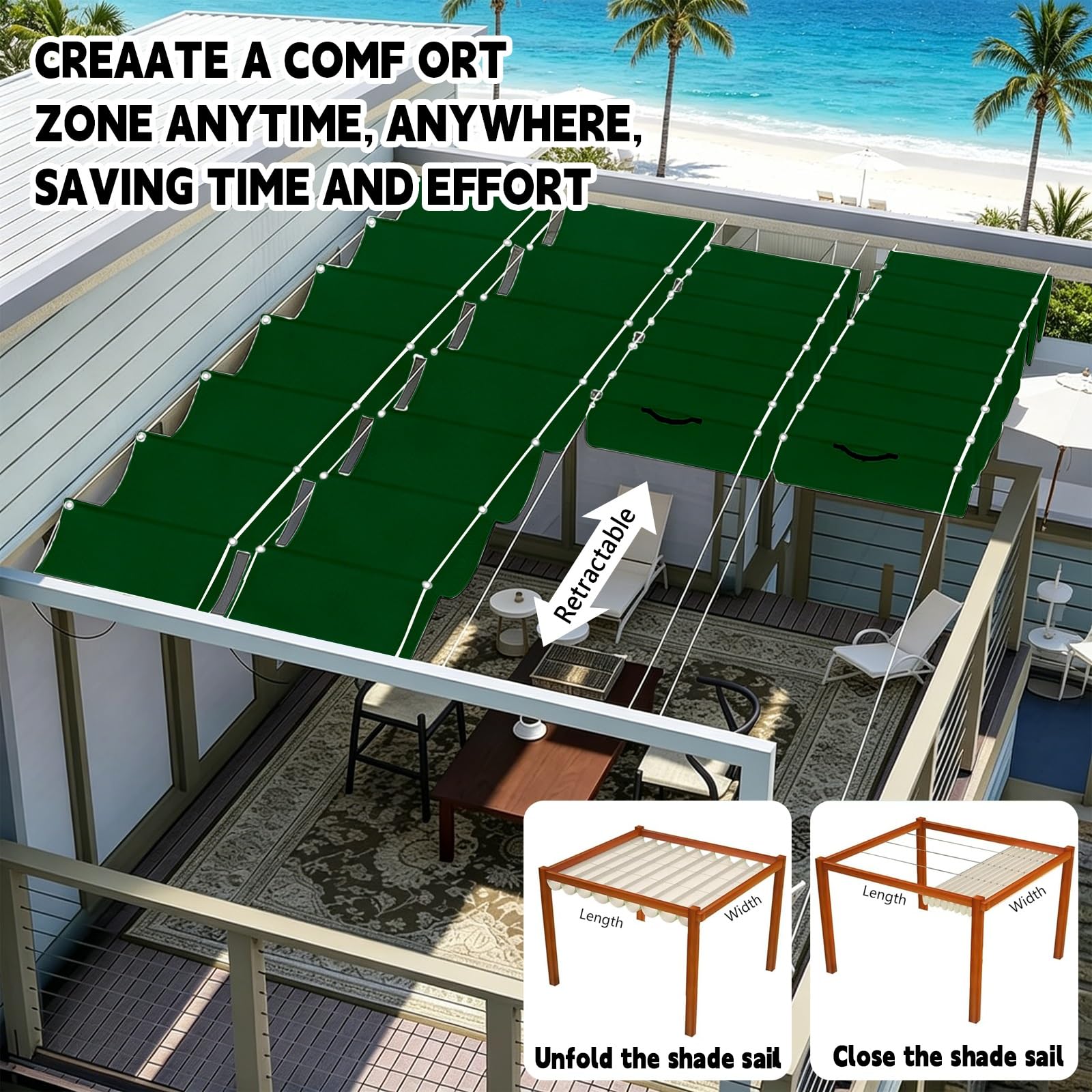Toldo Retráctil de Onda 250 x 1000 cm con Ojales y Cuerda, Vela Sombra Impermeable y Rectangular con Bloqueo UV y Resistencia a Desgarros para Terraza Jardín Balcón Pérgola, Verde Oscuro