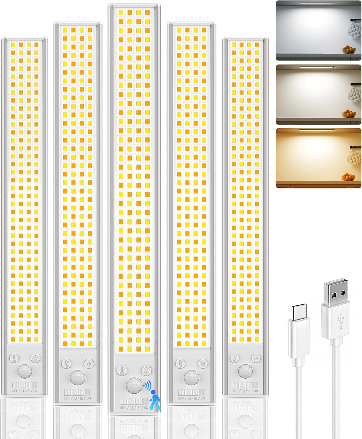 12inch Under Cabinet Lighting Wireless, 152LED Motion Sensor Light Indoor, USB Rechargeable Closet Lights, 3 Color Temps & Dimmable, Stick On Under Counter Lights for Kitchen, Pantry, Stairs, 5 Pack
