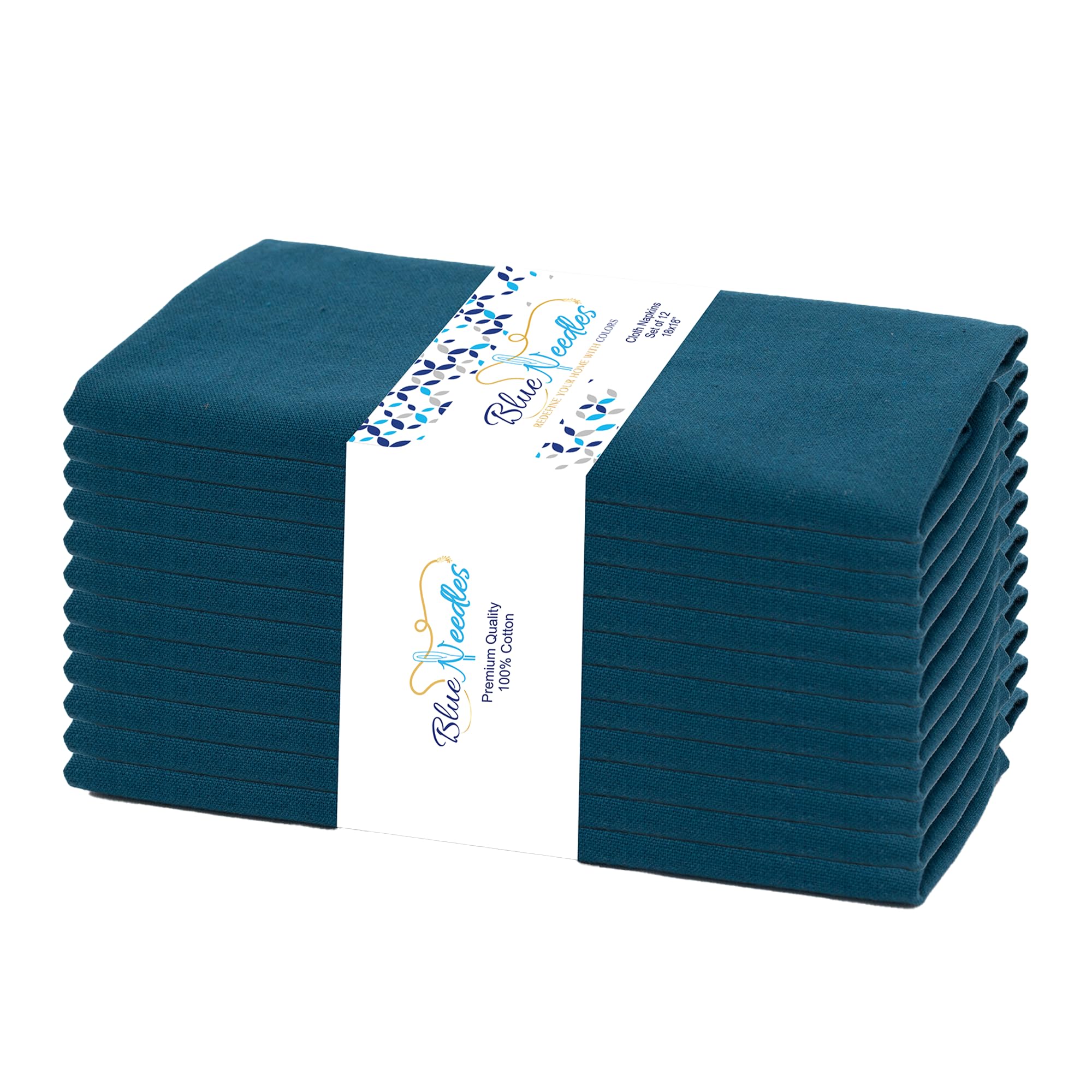 Blue Needles White Cloth Napkins - 100% Cotton Set Of 12 Dinner Napkins 18x18 Inches