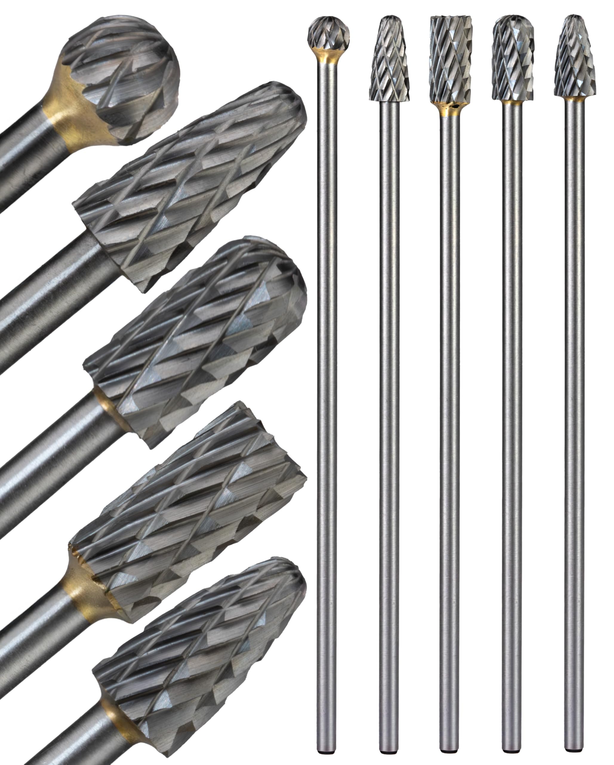 Staten Tools Carbide Burr Set Long Shank 5PCS, 1/8" Shank Tungsten Carbide Rotary Burr Bits for Metal Grinding, Deburring, Carving & Engraving – Die