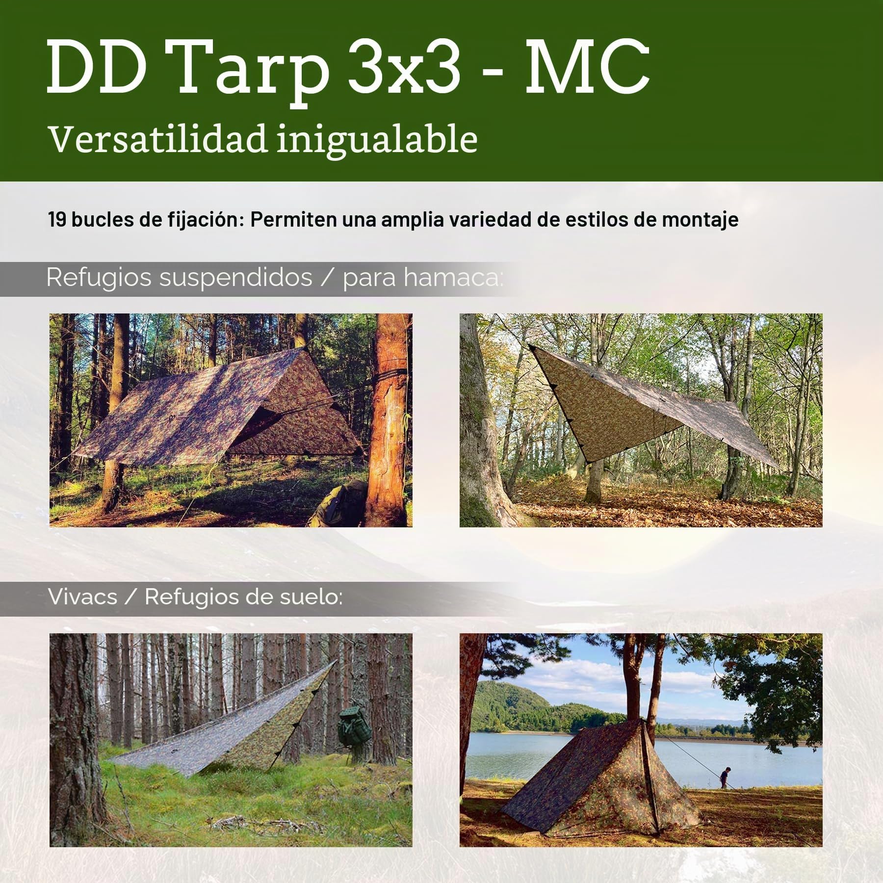 DD Hammocks - DD Tarp 3x3 - MC - Refugio Ligero de Lona de Camuflaje para Hamaca, Camping y Aventura al Aire Libre