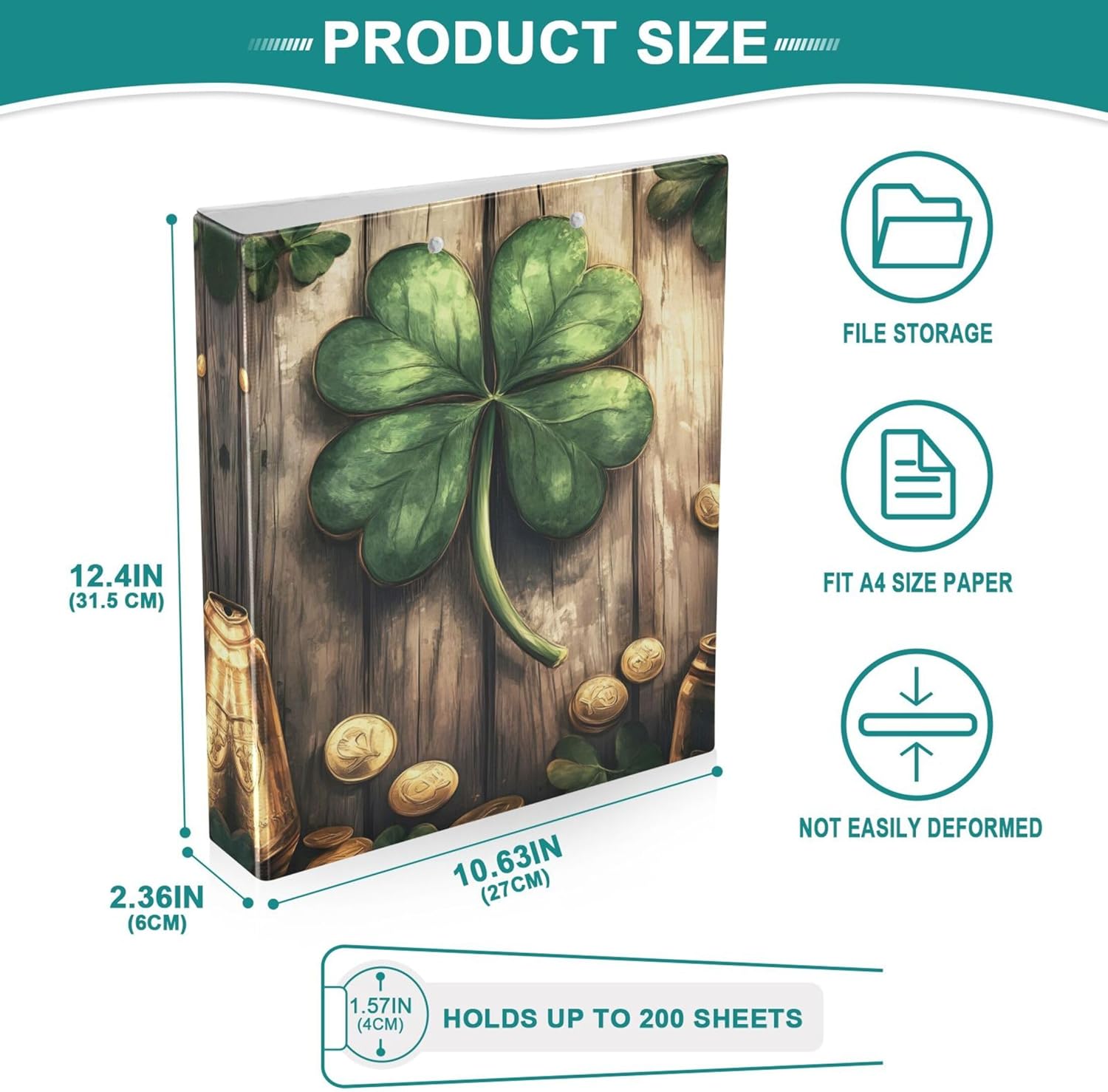 St Patrick's Shamrock Leaves 3 Ring Binders, 1.5” Round Ring Binders with Clipboard - Letter Size, 3 Interior PVC Clear Pockets & Anti-Slip Clip for Office School Supplies, 2PCS