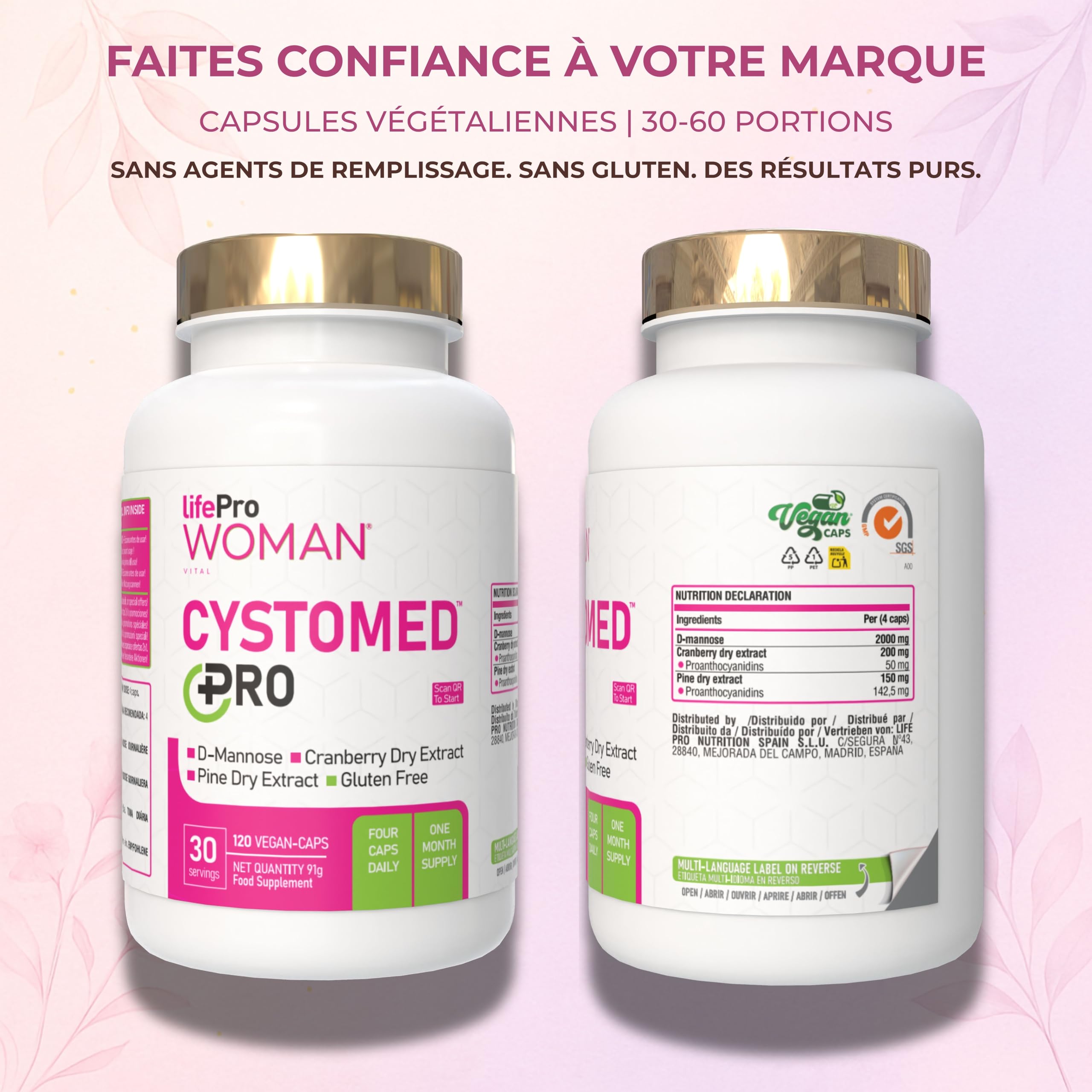 Cranberry gélules 5x Puissance + D-Mannose 2000mg – Cystomed Triple Action 120 Gélules avec 192,5mg PACs Standardisés + Extrait de Pin – Cranberry Gélules Scientifiquement Validées (EFSA/PubMed)