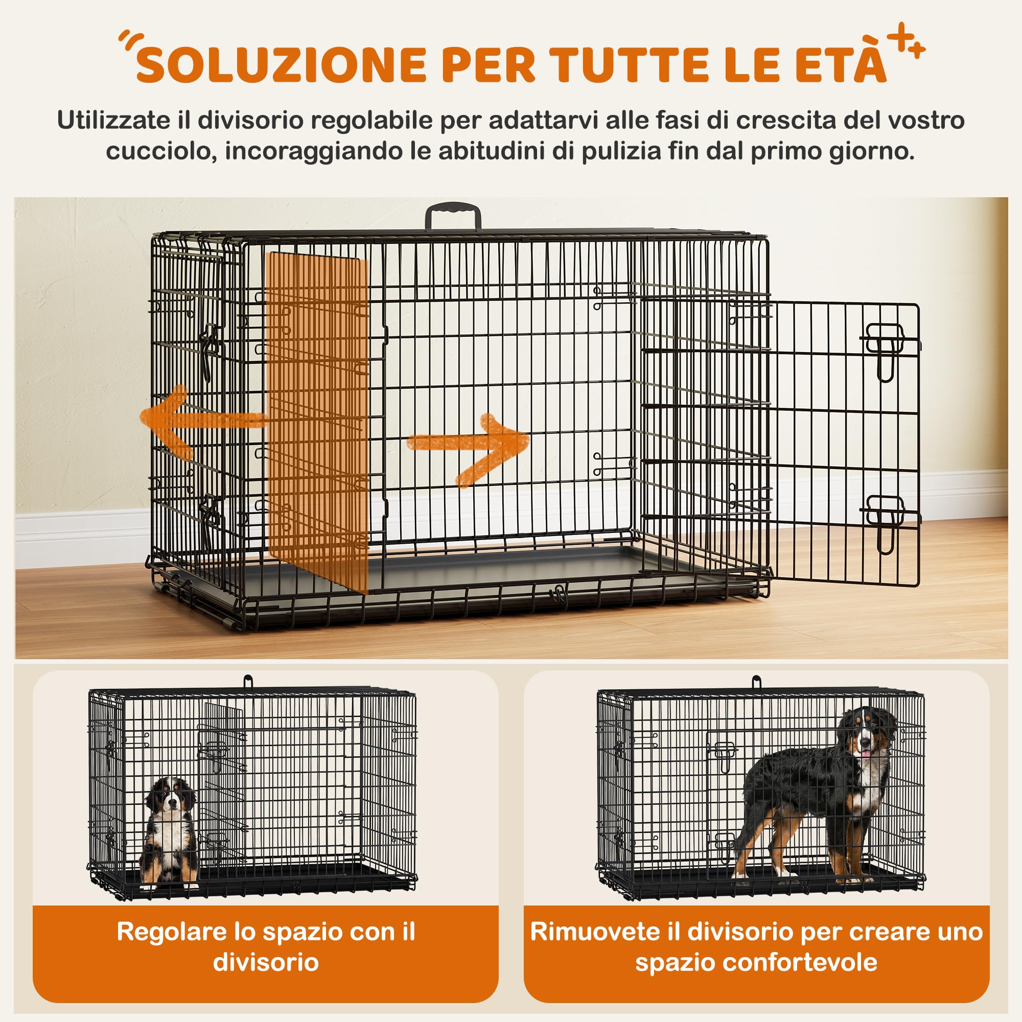Yaheetech Gabbia per Cani Gatti Kennel in Metallo Cuccioli Pieghevole con Vassoio Rimovibile Doppia Porta e Divisorio Regolabile 122,5 × 73 × 80 cm Nero