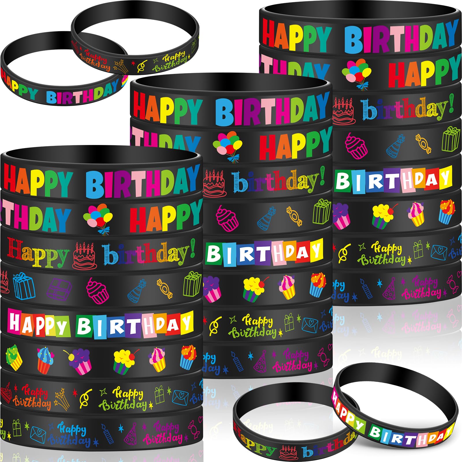 Cunno 30 Pcs Birthday Rubber Bracelets Colorful Silicone Stretch Wristbands Classroom Gifts for Kids Students Teacher Reward Back to School Party