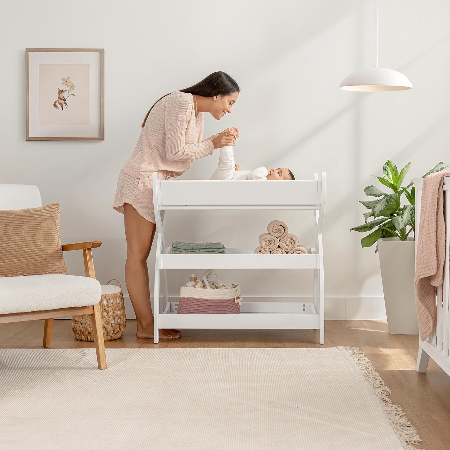 Comfy Cubs Baby Changing Table - Sturdy Wood Construction, Timeless Look Baby Change Table with Two Open Shelves for Infant Daycare Essentials Storage - White