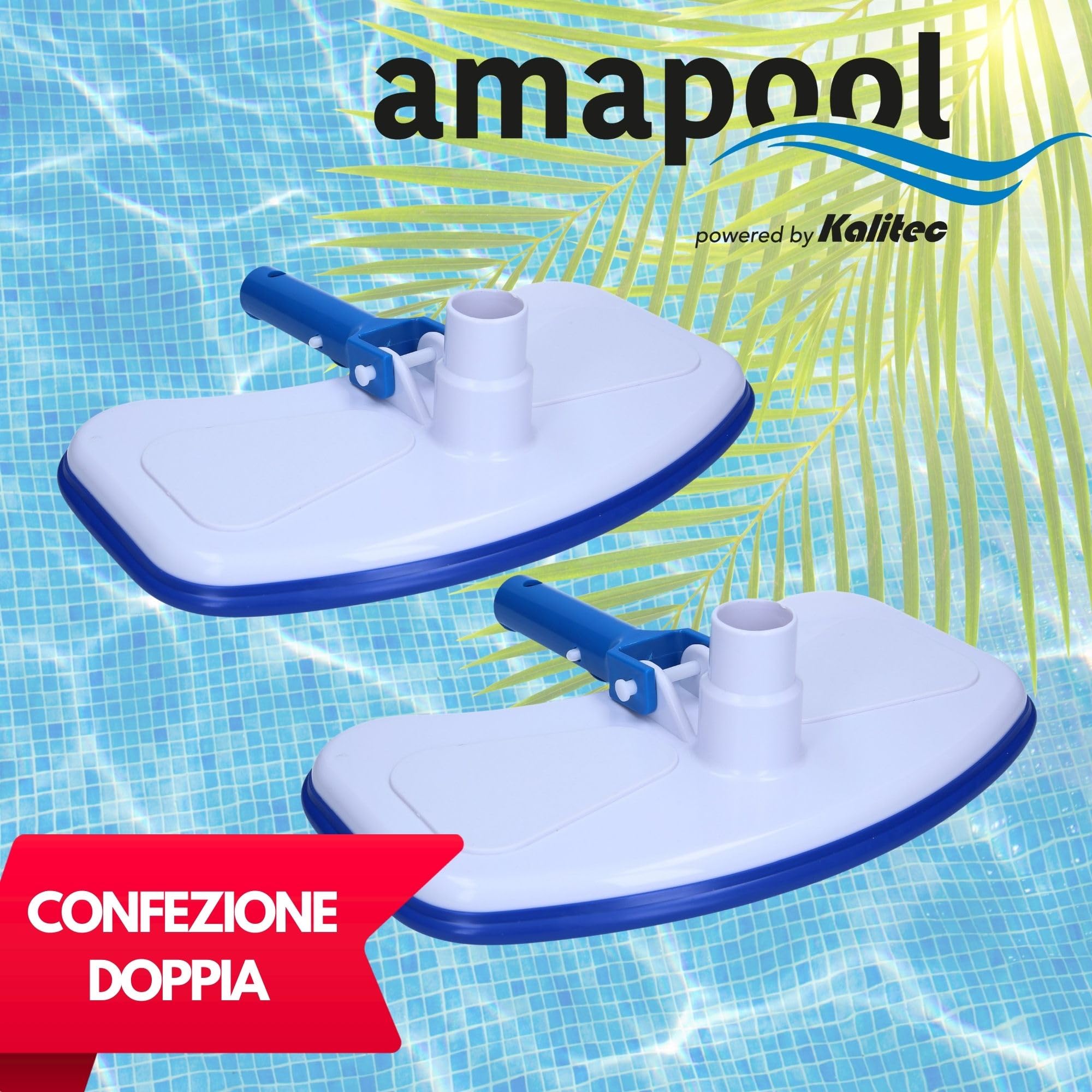Amapool Basics Set 2 Pezzi Aspirafango per Piscina con 8 Setole | Spazzola fondo extra pesante con attacco clip-on per tubi Ø 32/38 mm e aste da 28 mm, ideale per piscine fuori terra.