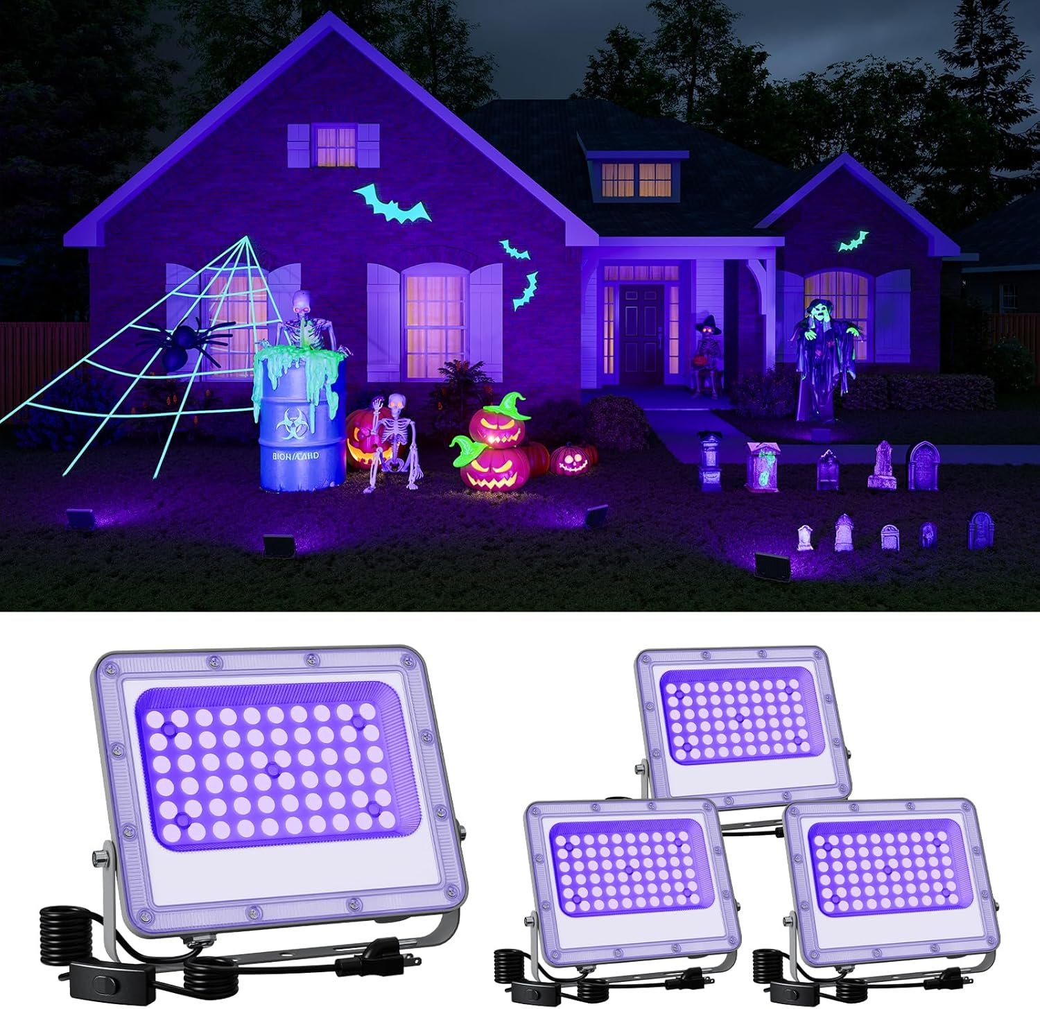4 Pack 50W Halloween Blacklight Flood Lights Wired 120V IP66 Waterproof UV Led Black Lights for Holiday Decor, Skeleton, Bat, Witch, Body Paint, Glow Party, Purple Ambiance Lighting for Wall, Yard