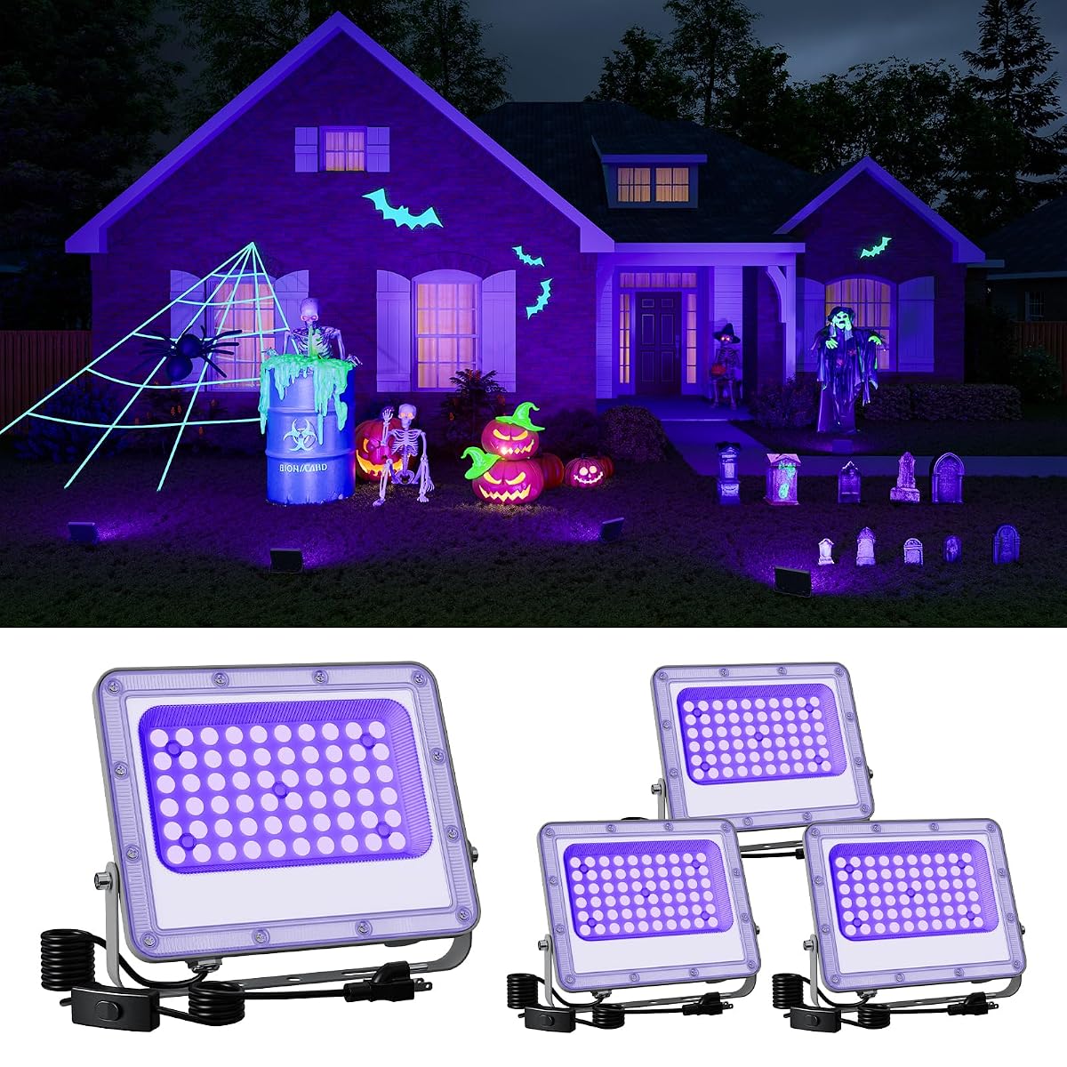 FALOVE 4 Pack 50W Blacklight Flood Lights, IP66 Waterproof UV LED, Violet,
