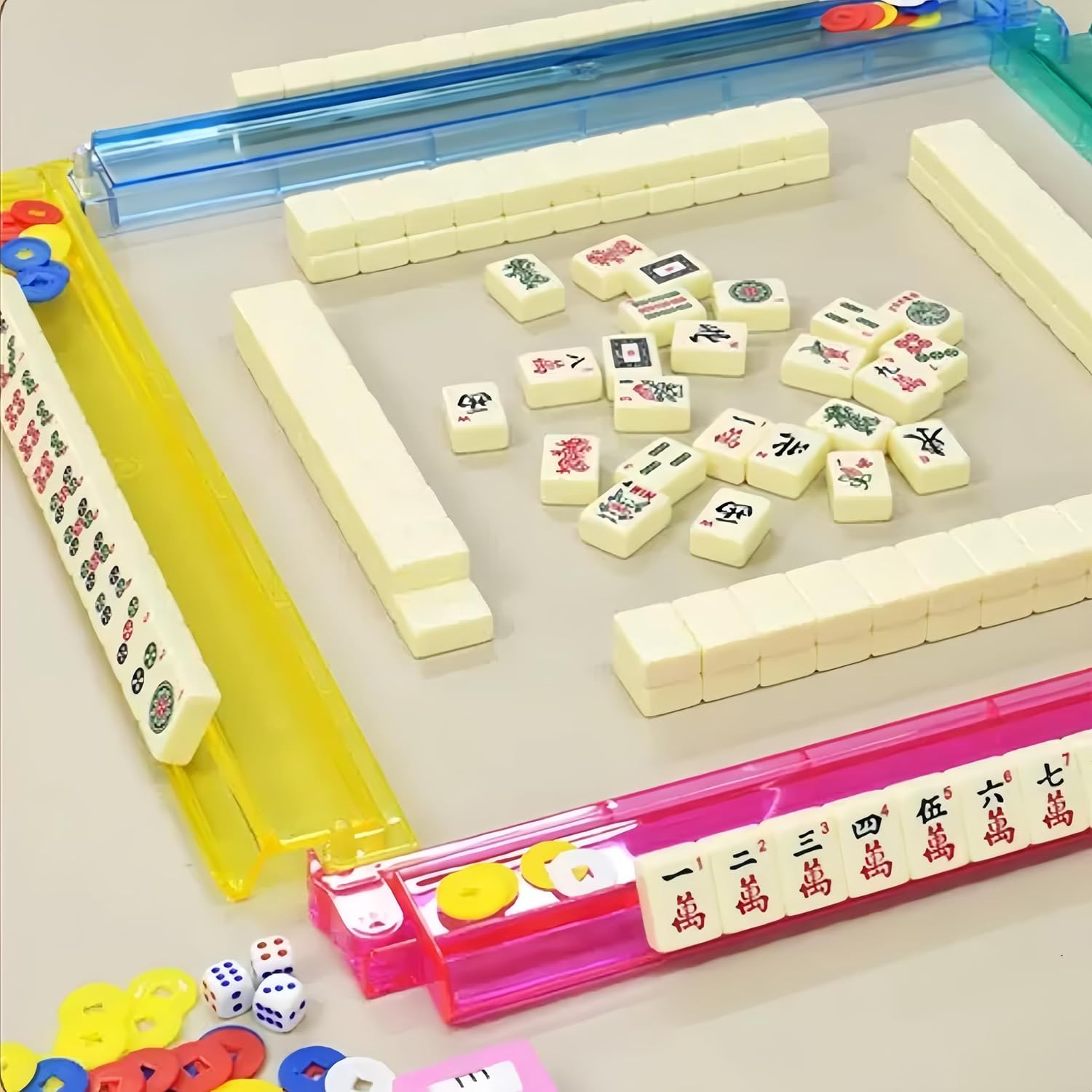 Mahjong Racks with Pushers, 4 Colors Acrylic American Majiang Tile Racks, Universal Fit for All Tile Sizes and Configurations, Set of 4 for Adult Players