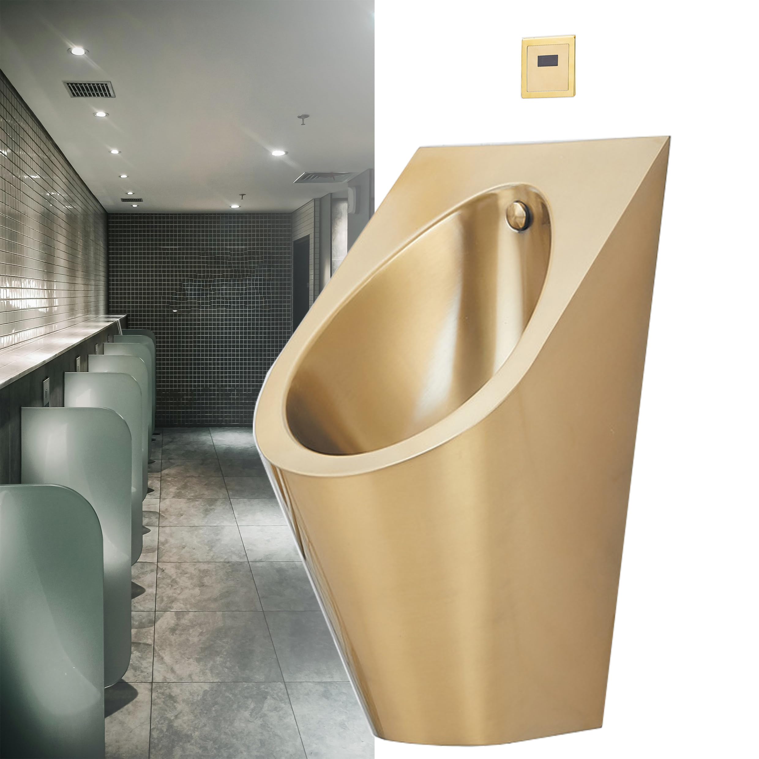 Wall Mounted Sensor Urinal,304 Stainless Steel Urinal,Men's Flushing Urinal,Modern Creative Urinal with Flush Valve, for Home/Hotel/Bar/Airport,Gold