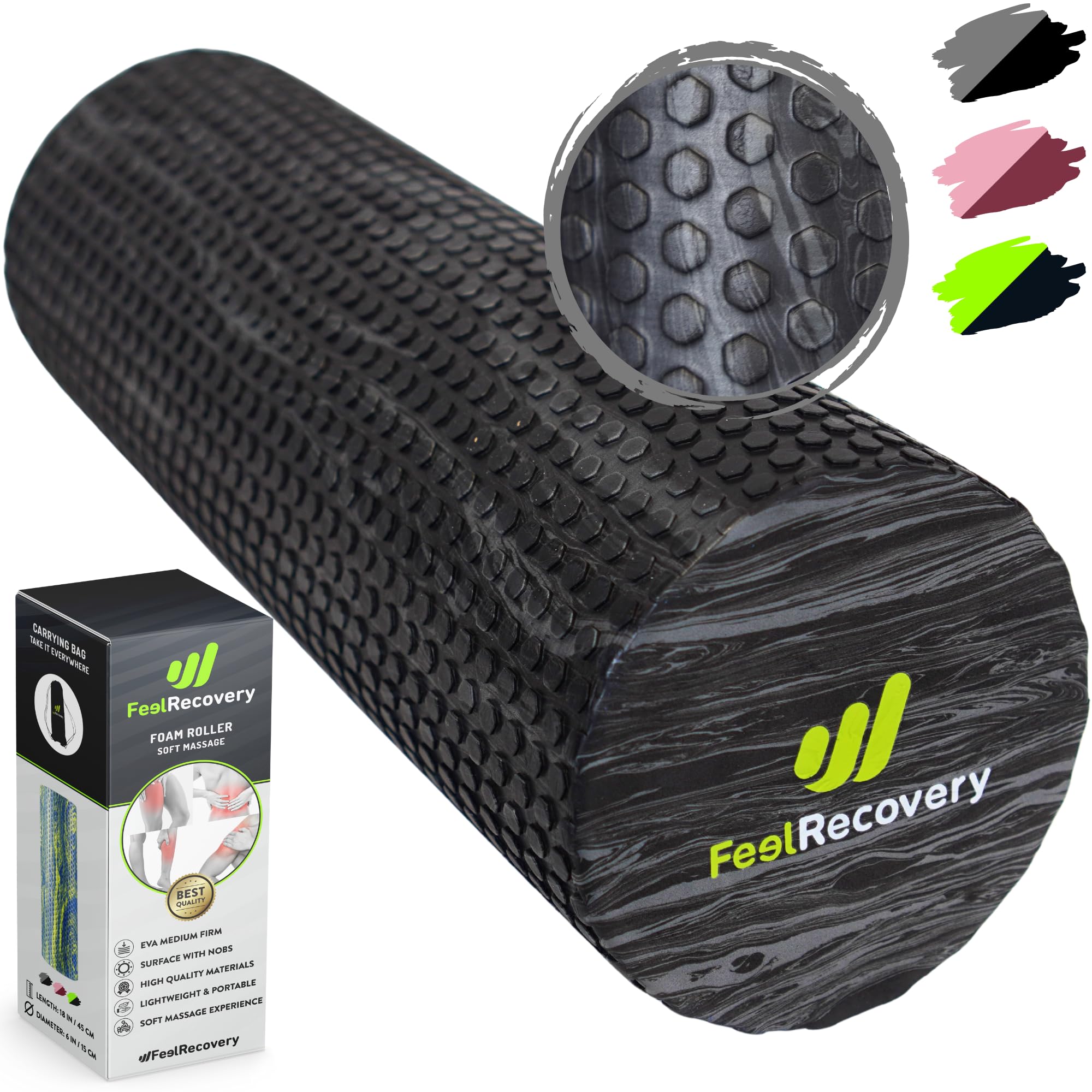 Foam Roller Muscle Massage (45x15 cm) - Medium Density EVA Foam Roller Muscle Strain, Physical Therapy, Recovery, Yoga, Pilates & Fitness - Self-Massage Roller for Back, Calf & Legs