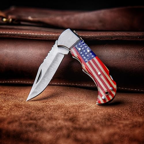 Miniatura 8 de KIMPE Cuchillo de bolsillo plegable de acero inoxidable hecho a mano con funda de cuero y mango acrílico antideslizante para caza de supervivencia