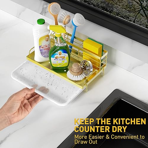 Miniatura 3 de Cisily Organizador dorado para fregadero de cocina, soporte de esponja para fregadero de cocina, acero inoxidable 304, dispensador de jabonera