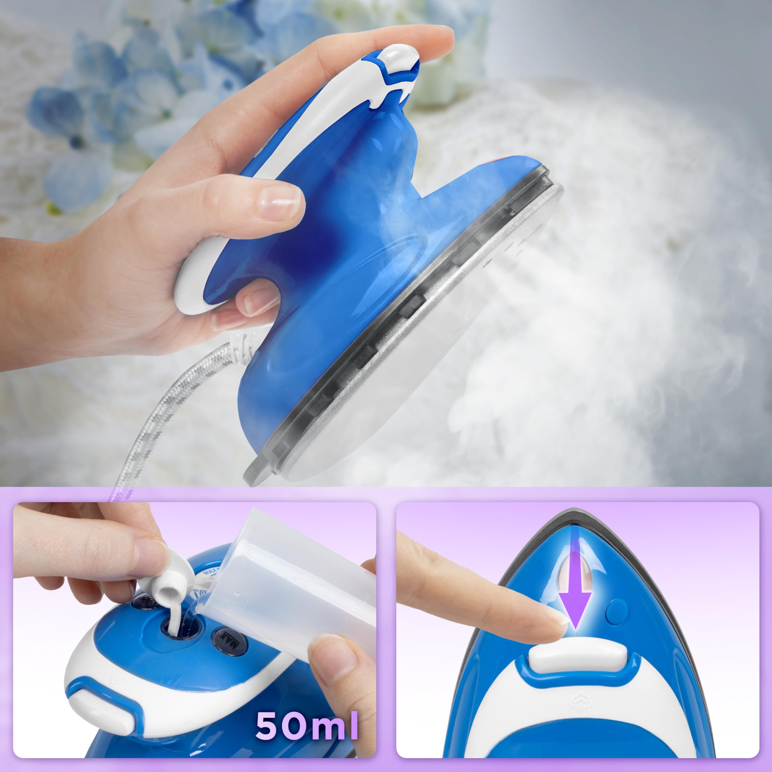 Duronic SI2 BE Mini Ferro da Stiro, Ferro da viaggio a vapore 375 W, Serbatoio 50ml, Steamer portatile con spazzola e borsello da viaggio, Ferro a vapore per lavori di cucito, quilting, Blu