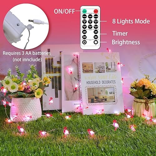 Miniatura 4 de Guirnalda de luces de flamenco a pilas con control remoto de 10 pies, 40 luces LED, color rosa, enchufable, luz alimentada por USB, bandeja