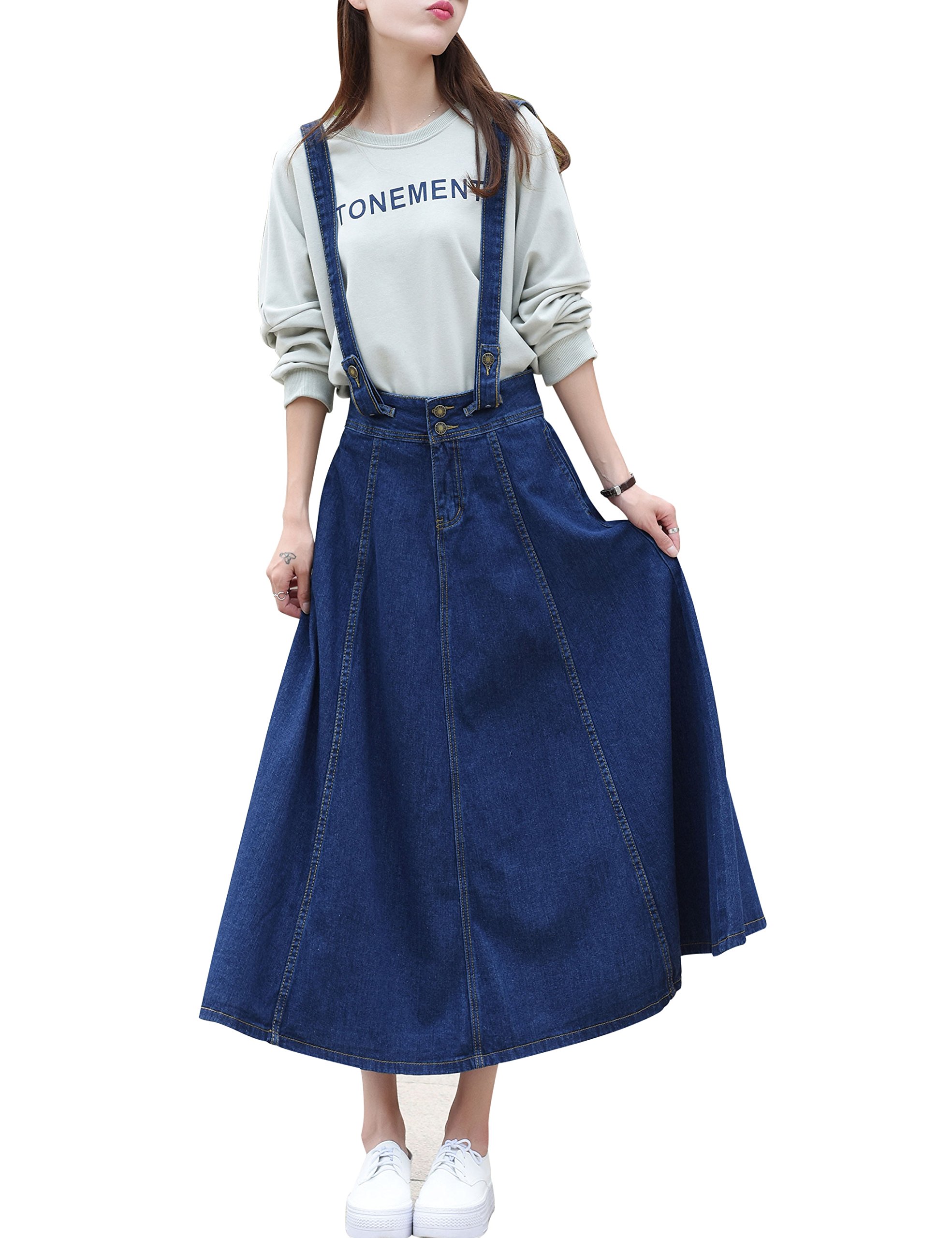 Womens A Line Maxi Midi Long Denim Jean Overalls Suspender