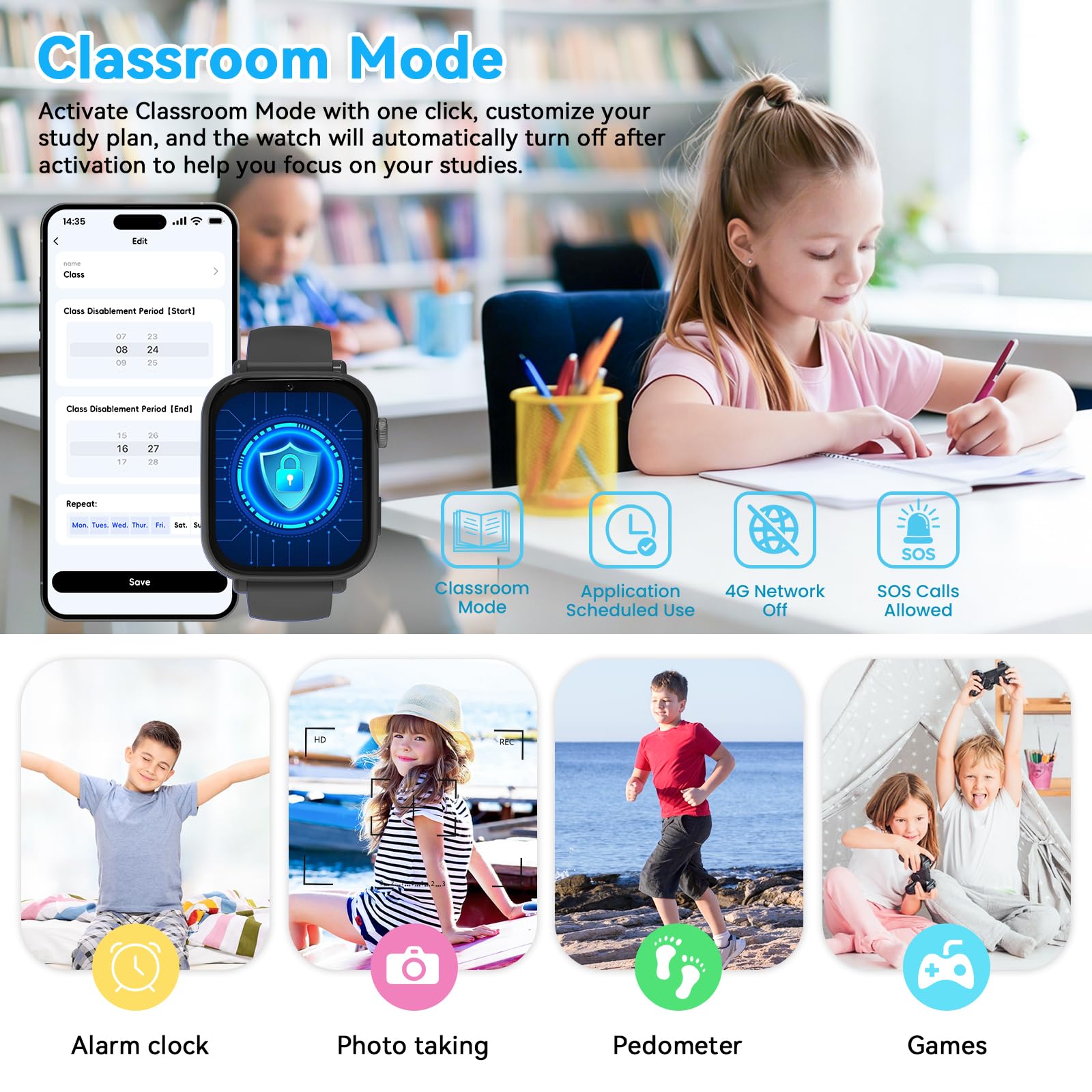 4G Smartwatch Bambini, Orologio Smartwatch Bambini con GPS SOS Videochiamata Chat Vocale Modalità Classe Fotocamera Calcolatrice Contapassi, Smart Watch Bambino Bambina 4-12 Anni Regalo, Nero