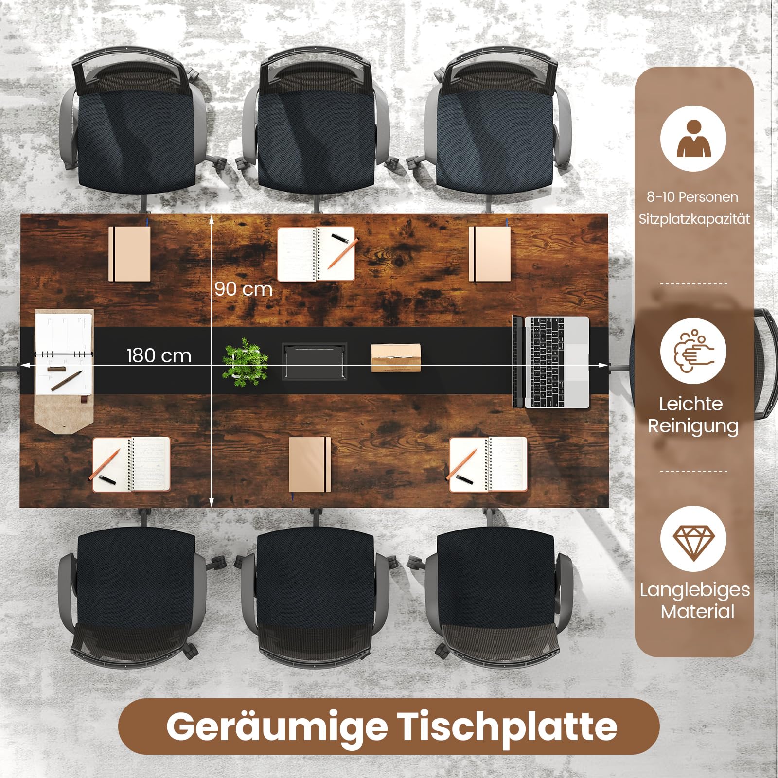 COSTWAY Konferenztisch 180x90cm, Besprechungstisch für 8-10 Personen, rechteckiger Seminartisch mit Kabeldurchführung für Büro, Konferenzraum, rustikal Braun