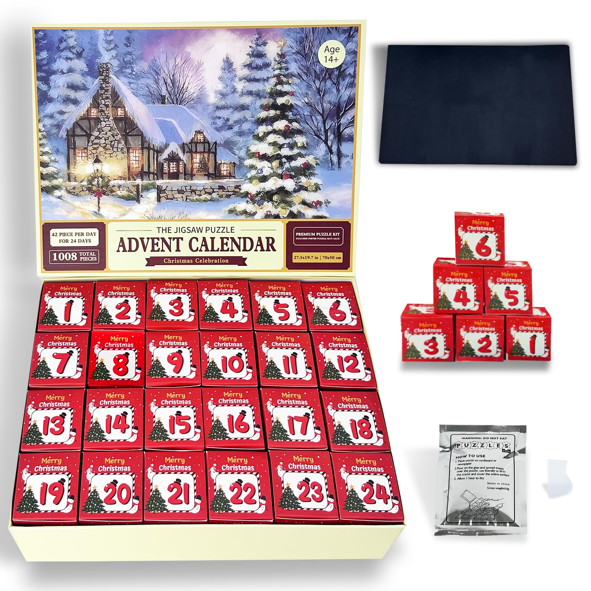 Advent Calendar 2023 Christmas Jigsaw Puzzles Kit, 24 Days Surprise Christmas Countdown Calendars Gift for Kids Adults, Include 1008 Pieces Jigsaw Puzzles, Puzzle Mat and Glue with Scrapper