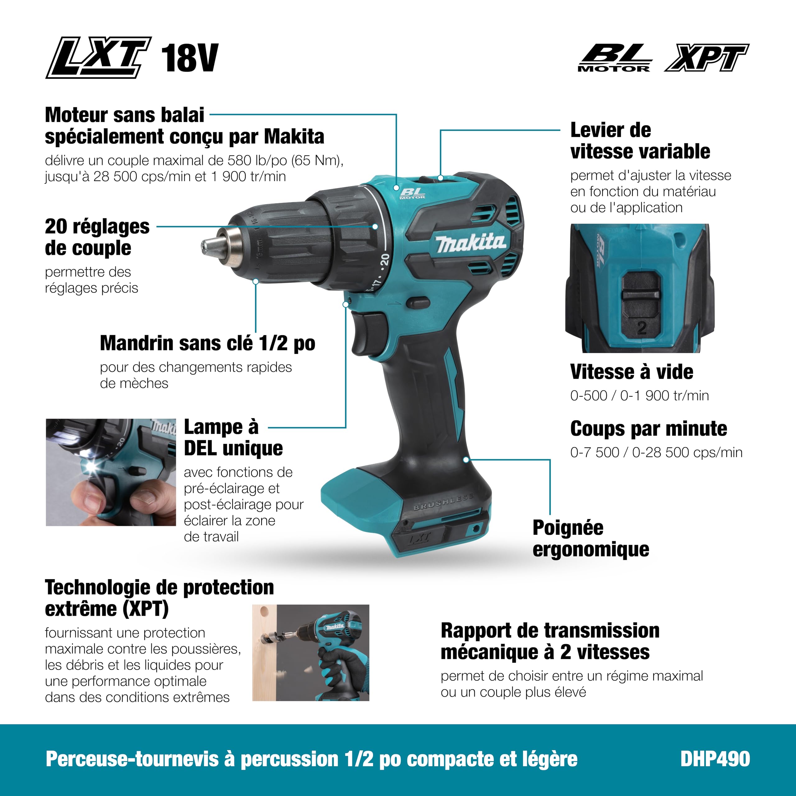 Makita DHP490Z - Taladro combinado sin escobillas LXT de iones de litio de 18 V, baterías y cargador no incluidos