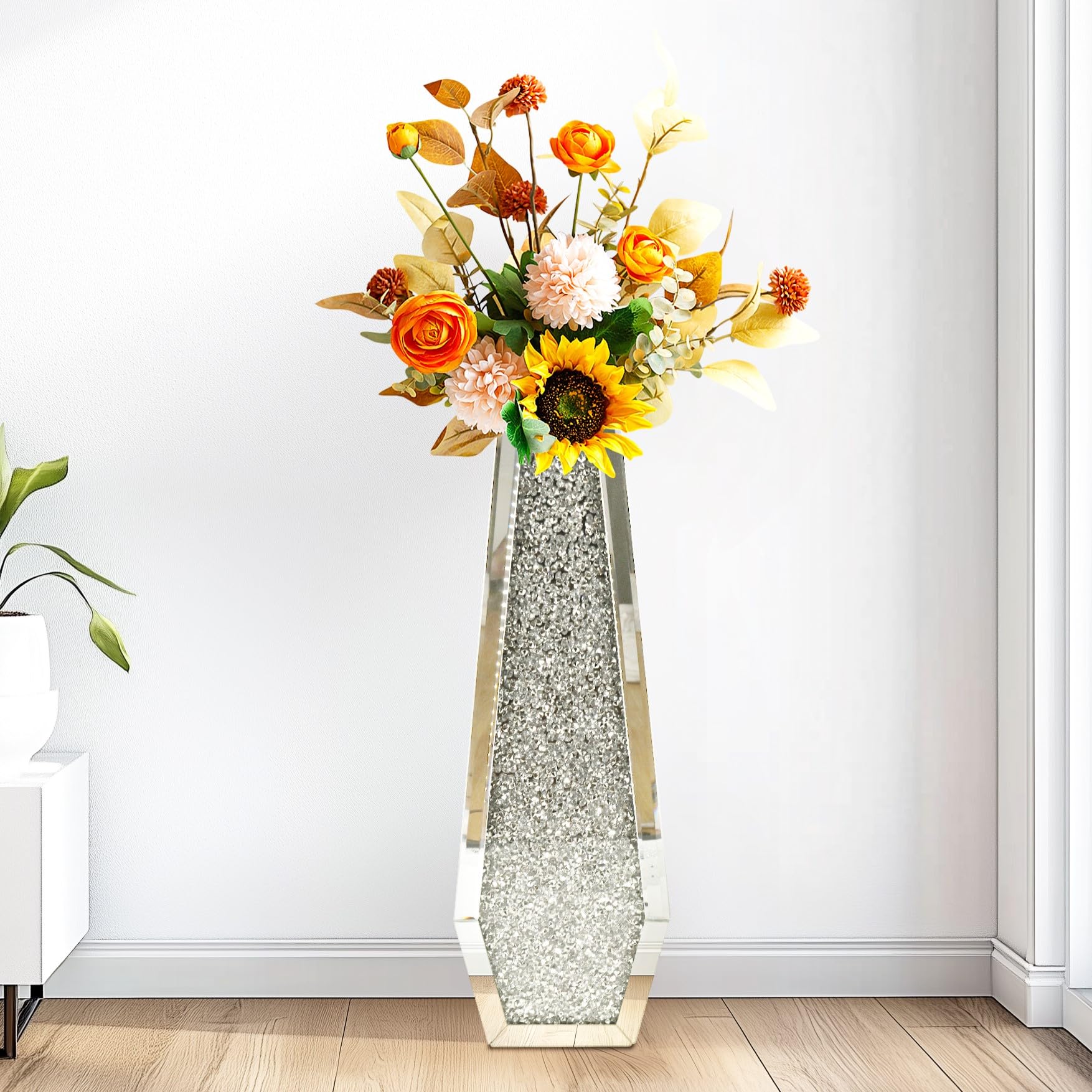 Artloge Jarrón Decorativo de Cristal Grande con Diamantes para Flores Secas, 69 x 15 x 10,9 cm