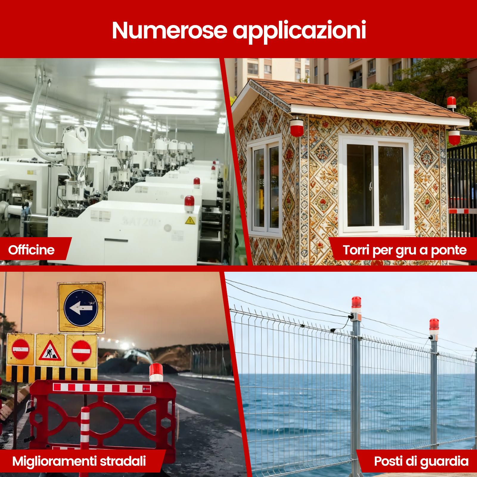 2Pcs Sirena Allarme Esterno 220V con Luce Stroboscopica LED Rossa e Allarme Sonoro 100dB – Spia Luminosa Rotante per Sicurezza Industriale, Cantieri e Aree Pericolose