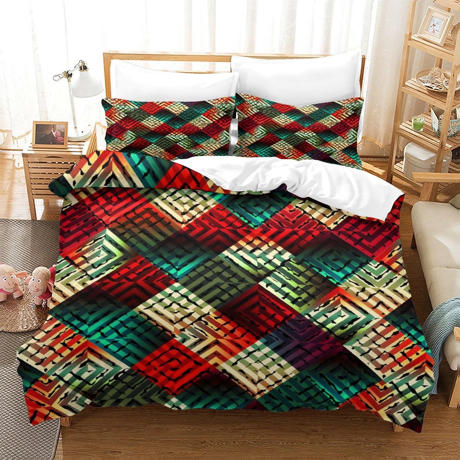 LIAOHENKAN Neon Geometric Pattern Comforter Set Full Size 3Pcs Bedding for Teens Adults with Zipper Closure Ultra Soft Quilt Set 3D Duvet Cover Set Room Decor, Easy Care Durable Single（140x200cm）