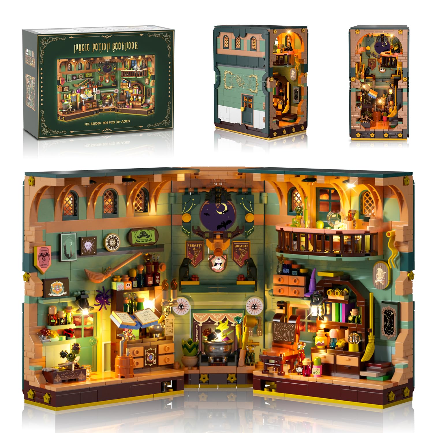 Magic Potion Booknook Building Set with Light, DIY Bookend Building Block Kit for Home Decor Bookshelf, 990 PCS Miniature Book Nook House Building Brick Model for Adults Kids Boys Girls Age 8+