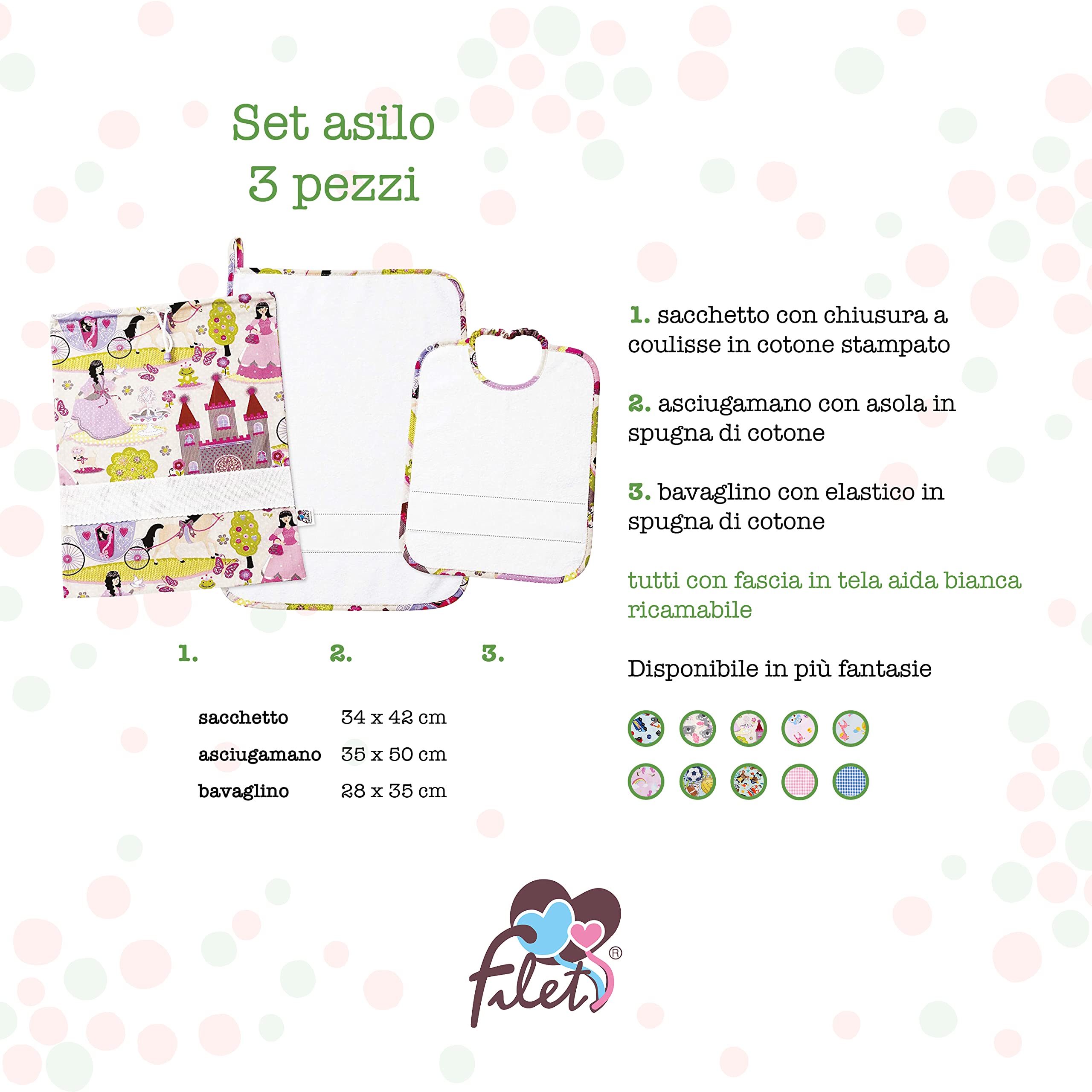 Filet - Set Asilo 3 Pezzi Fantasia Principesse con Tela Aida da Ricamare, Composto da Sacchetto, Asciugamano e Bavaglino in Spugna Bianca, 100% Cotone, Made in Italy