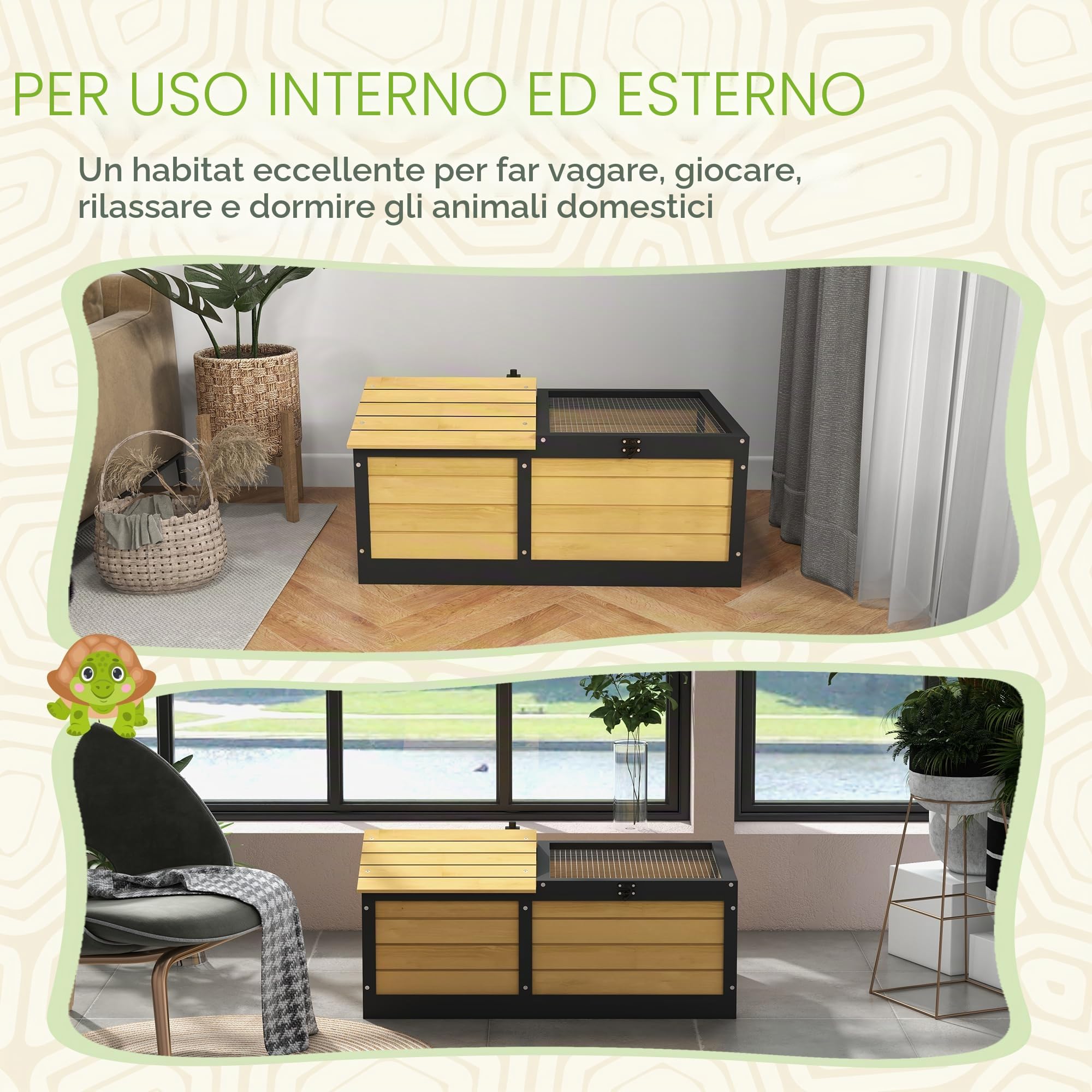 PawHut Casetta in legno per tartarughe, per piccoli animali domestici, rettili con nascondiglio per rifugio, parte superiore apribile, vassoio, casa per tartarughe, per interni ed esterni, giallo