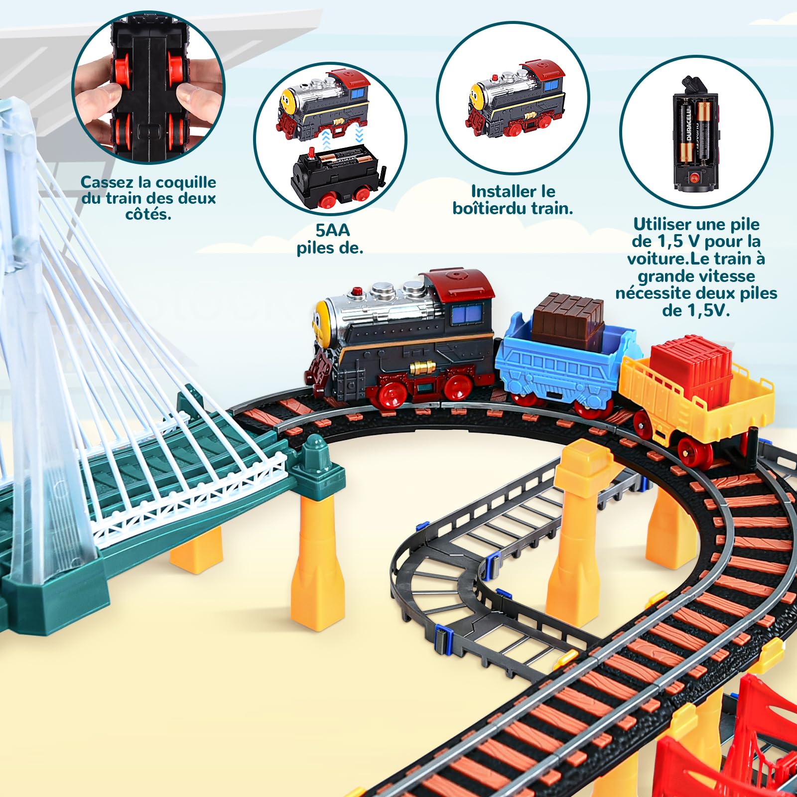 JONRRYIN Circuit Voiture, 140Pièces Train Electrique avec Voies ferrées, Jouet Cadeau Éducatif Enfant 2 3 4 5 6 Ans Garçon