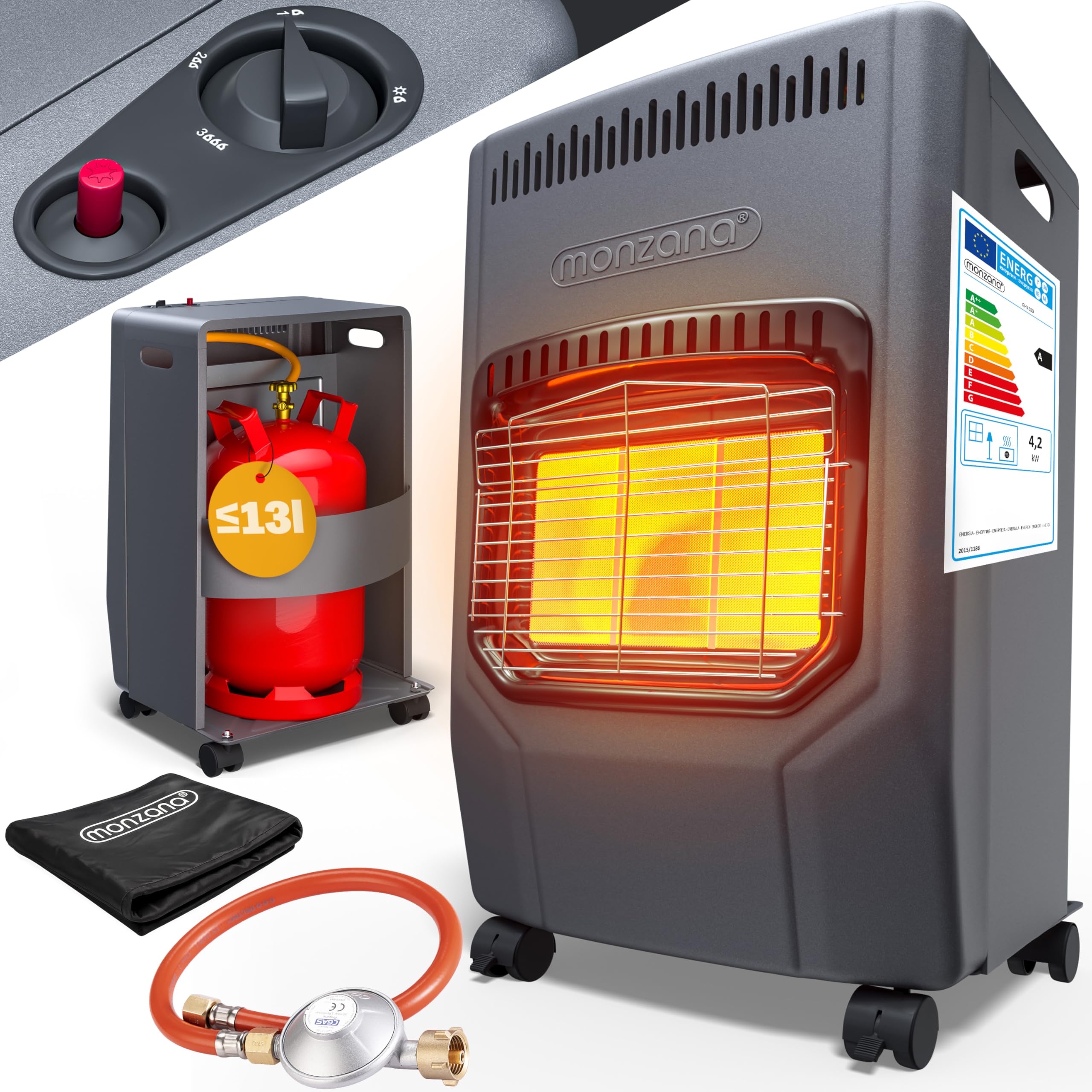 MONZANA® Calefactor de Gas 4200W Estufa Cerámica Regulador de Presión Bajo Consumo Camping Chimenea Móvil