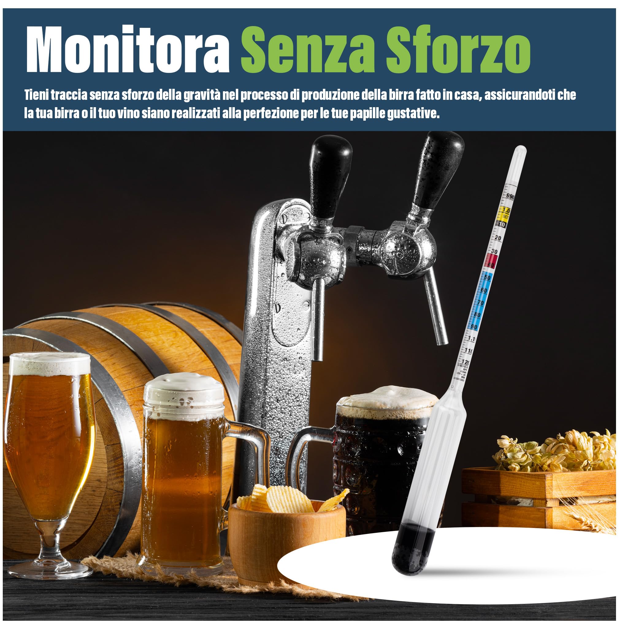 Idrometro per la Produzione di Birra Fatta in Casa con Contenitore di Campionamento di Prova da 100 millimetri incluso - Attrezzatura per la Produzione di Vino e Birra