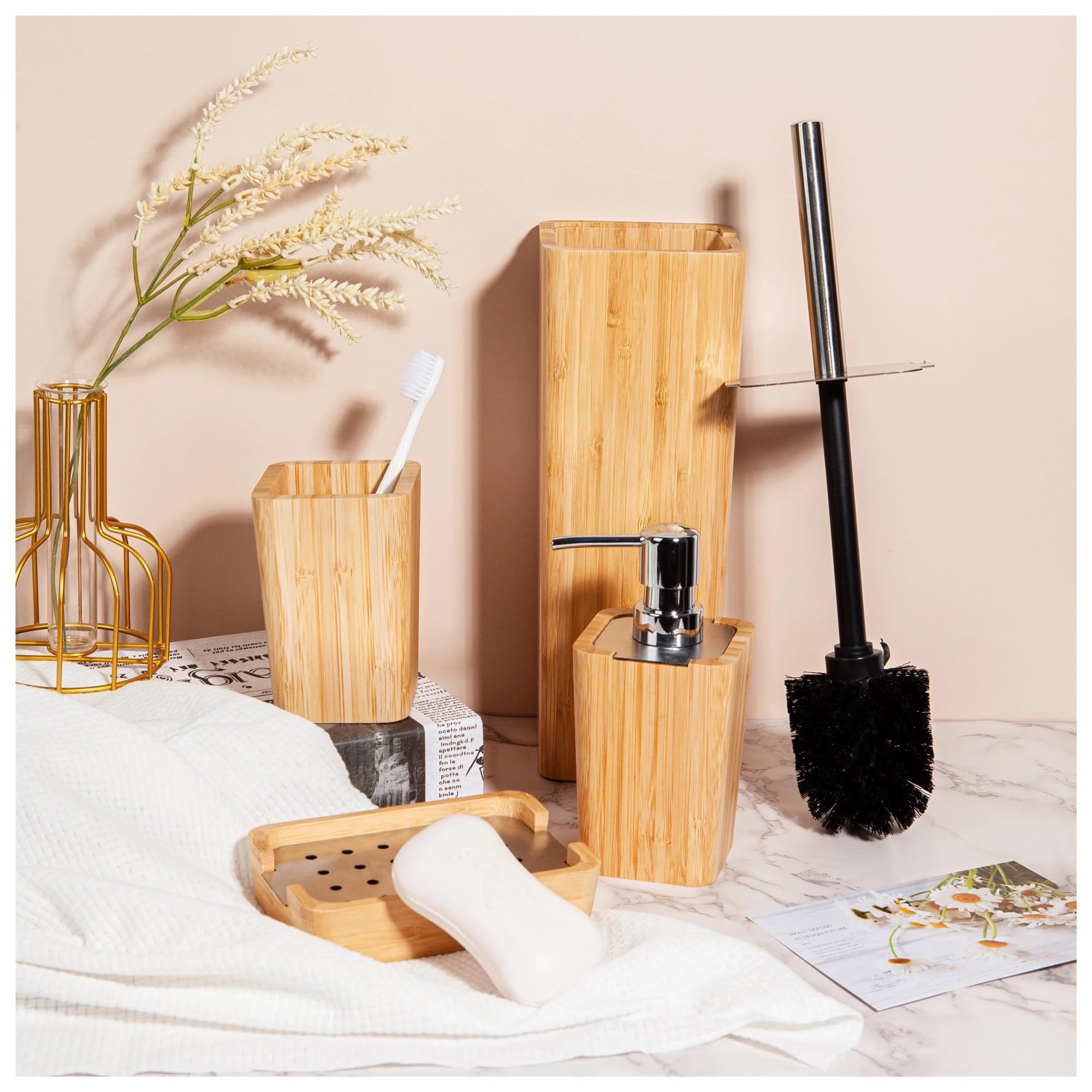 Set Di Accessori Da Bagno In Legno Bambù Dispenser Sapone Bicchiere Portasapone per piani d'appoggio del bagno(Toilet-brush Holder)