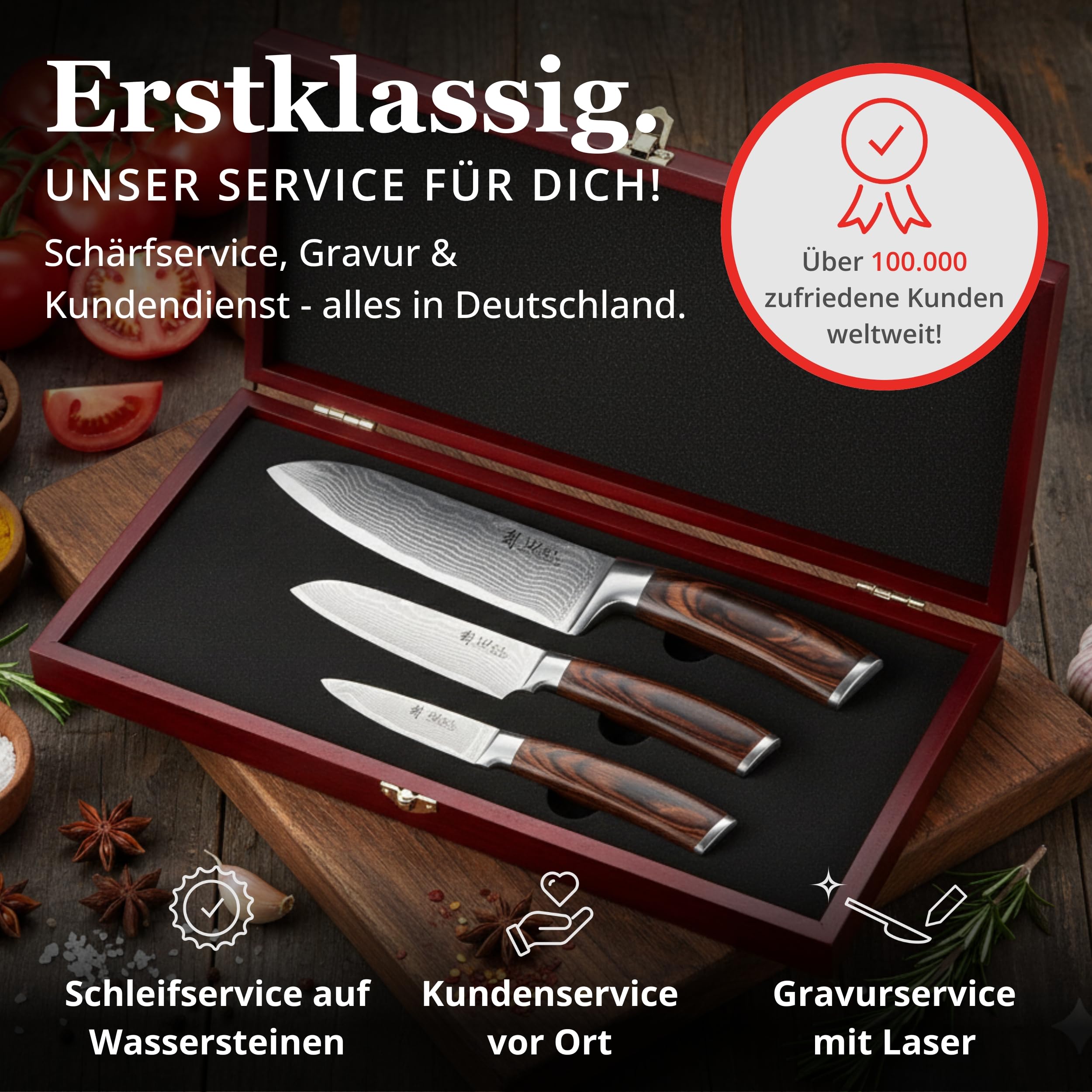 Wakoli EDIB 3-teiliges Küchenmesser Set aus echtem Damaststahl (VG10 Kern) in Geschenkbox aus Holz – Scharf & ergonomisch – Damastmesser Set mit Pakkaholzgriffen