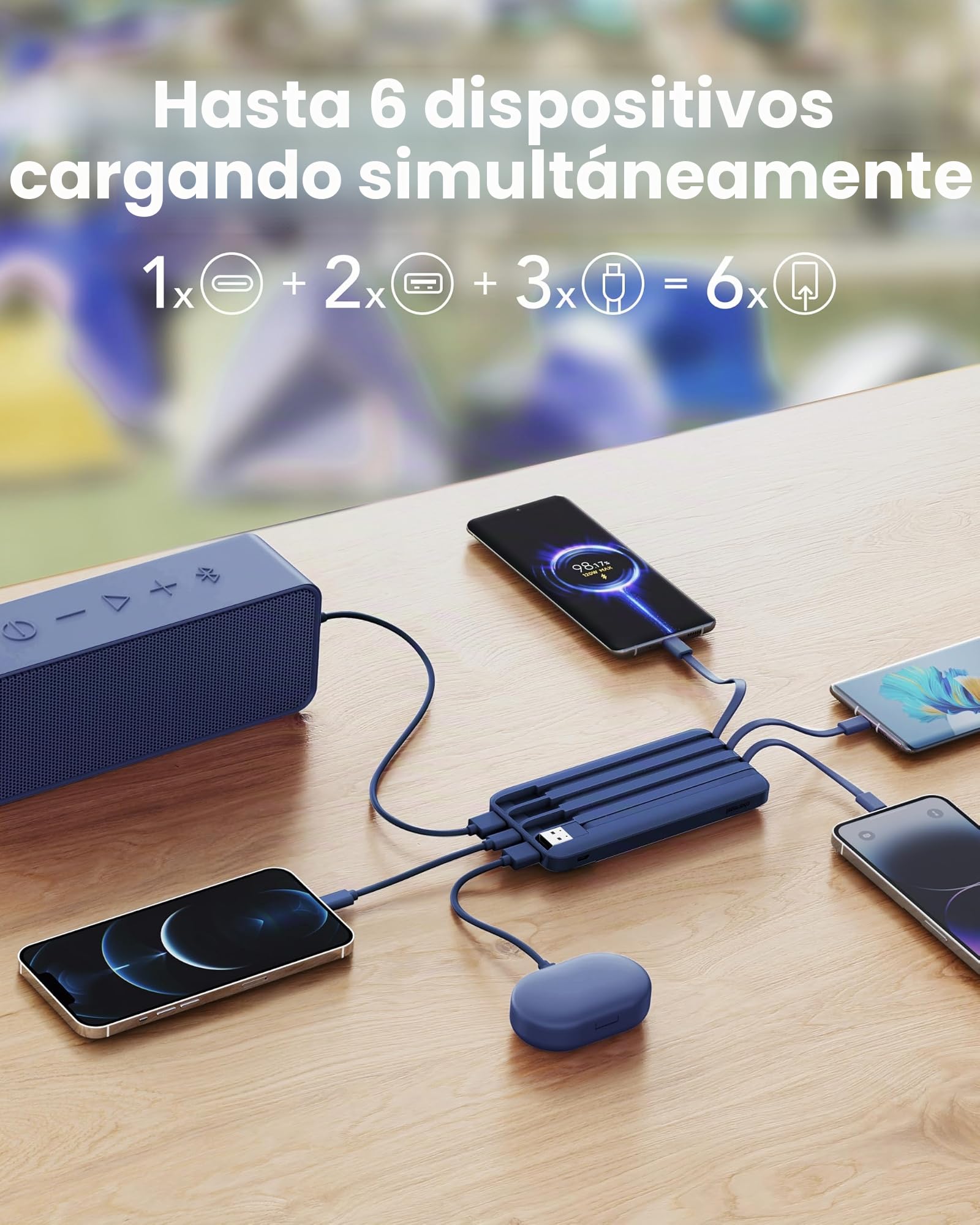 Charmast Power Bank 20000 mAh con Cables Integrados USB C Azul | Carga rápida 22,5 W, pantalla LED, 5 salidas y 4 entradas, compatible con iPhone Huawei Xiaomi