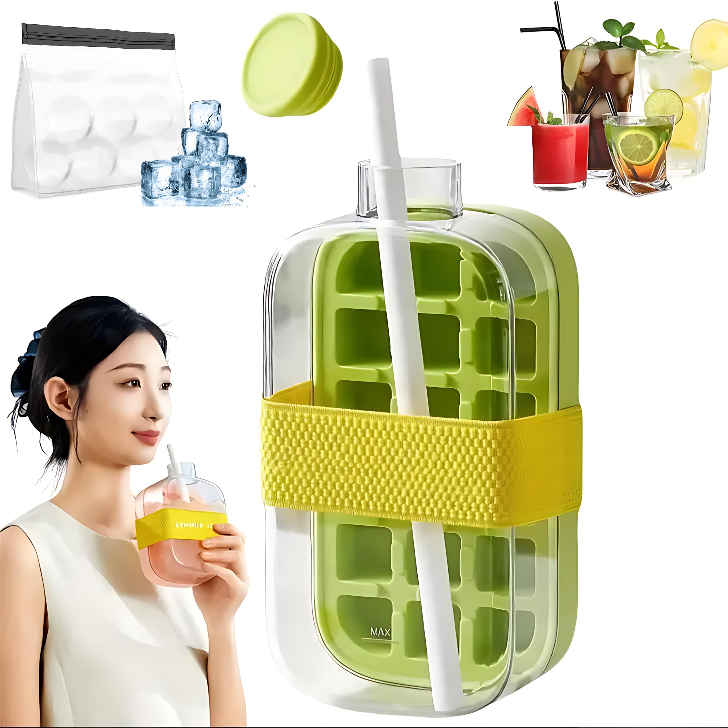 Ice Cube Bottle, 2 in 1 Ice Cube Tray&water Bottle Ice Cube Tray w Lid And Bin, Touch-Free Ice tray, Easy-to-Remove Ice Sphere Mold with Storage Bag (Green)