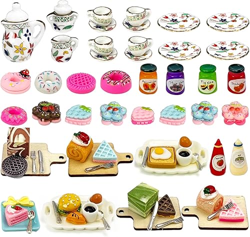 Juego de 68 piezas de accesorios de cocina para casa de muñecas, juego de hamburguesas, bollo, pastel, leche, huevo, galletas, mermelada, café y más