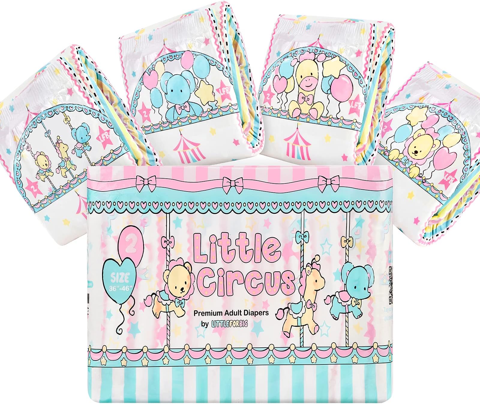 Adult Printed Diaper 10 Pieces - Little Circus (Large 36"-46")