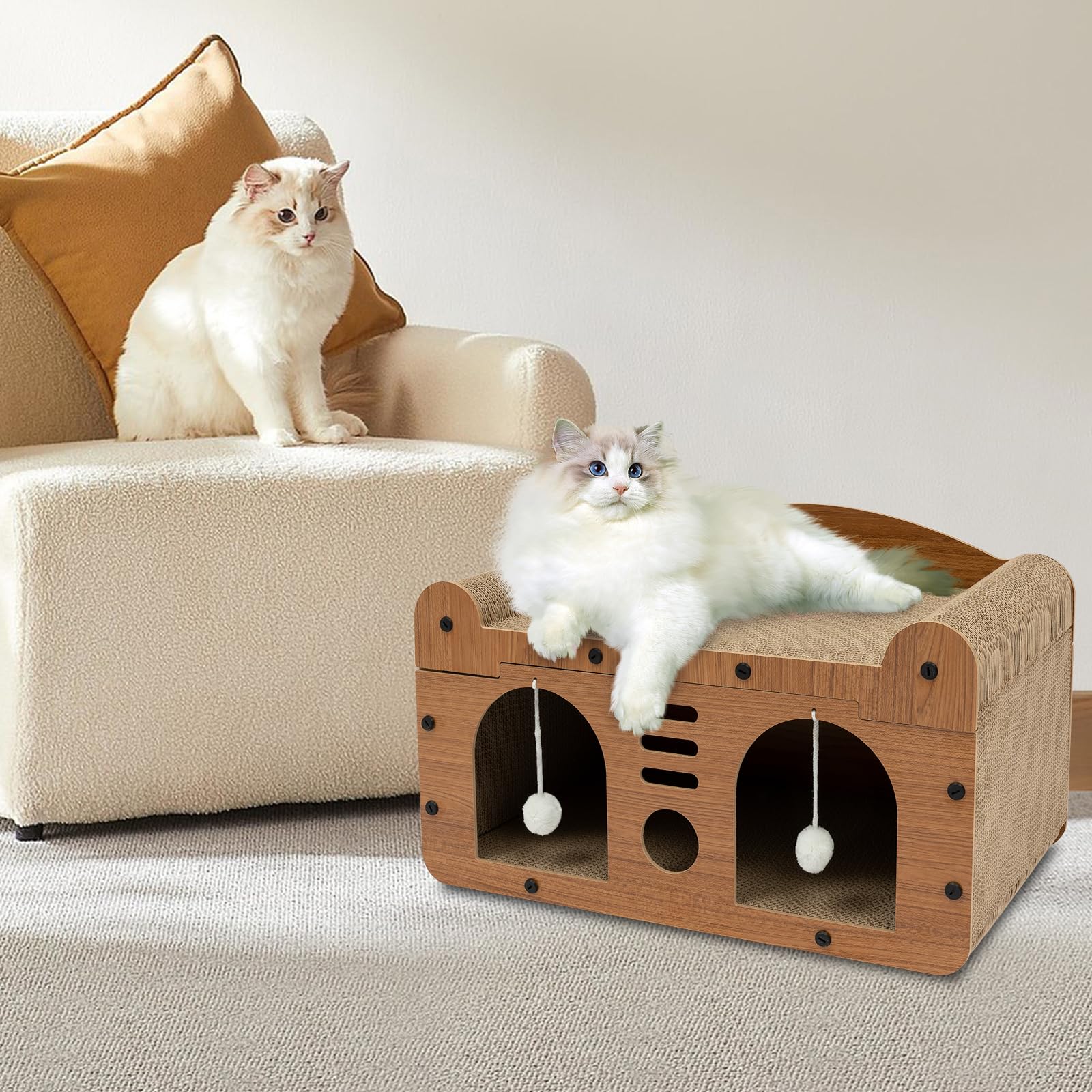 Cuccia per gatti marrone, con palline da gioco, rettangolare, cuccia per gatti, grandi porte, cuccia per gatti, case allargate e ispessite, 56 x 30 x 30 cm, facile da montare